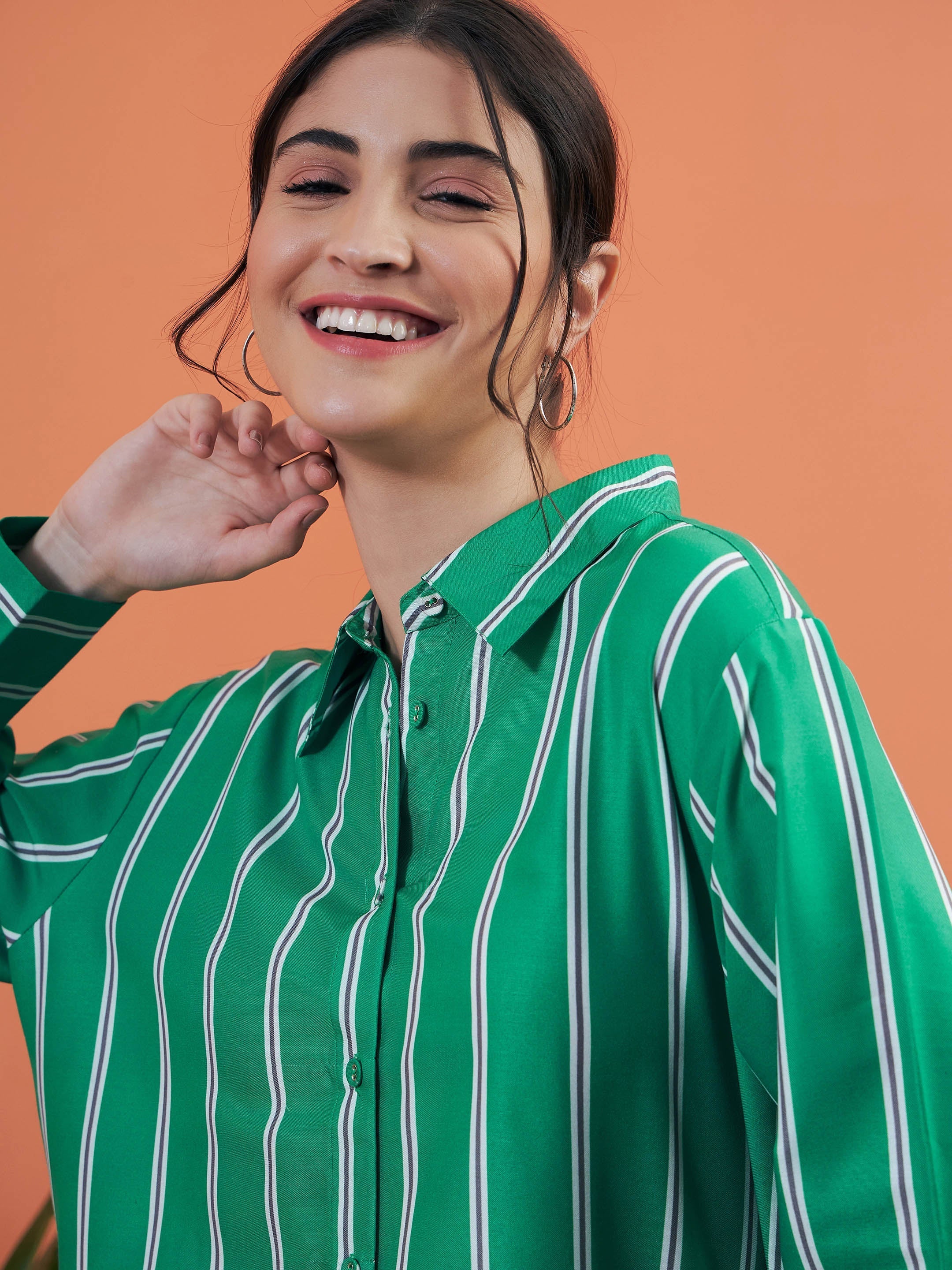 Women Green Stripes Shirt With Lounge Pants - Image 4