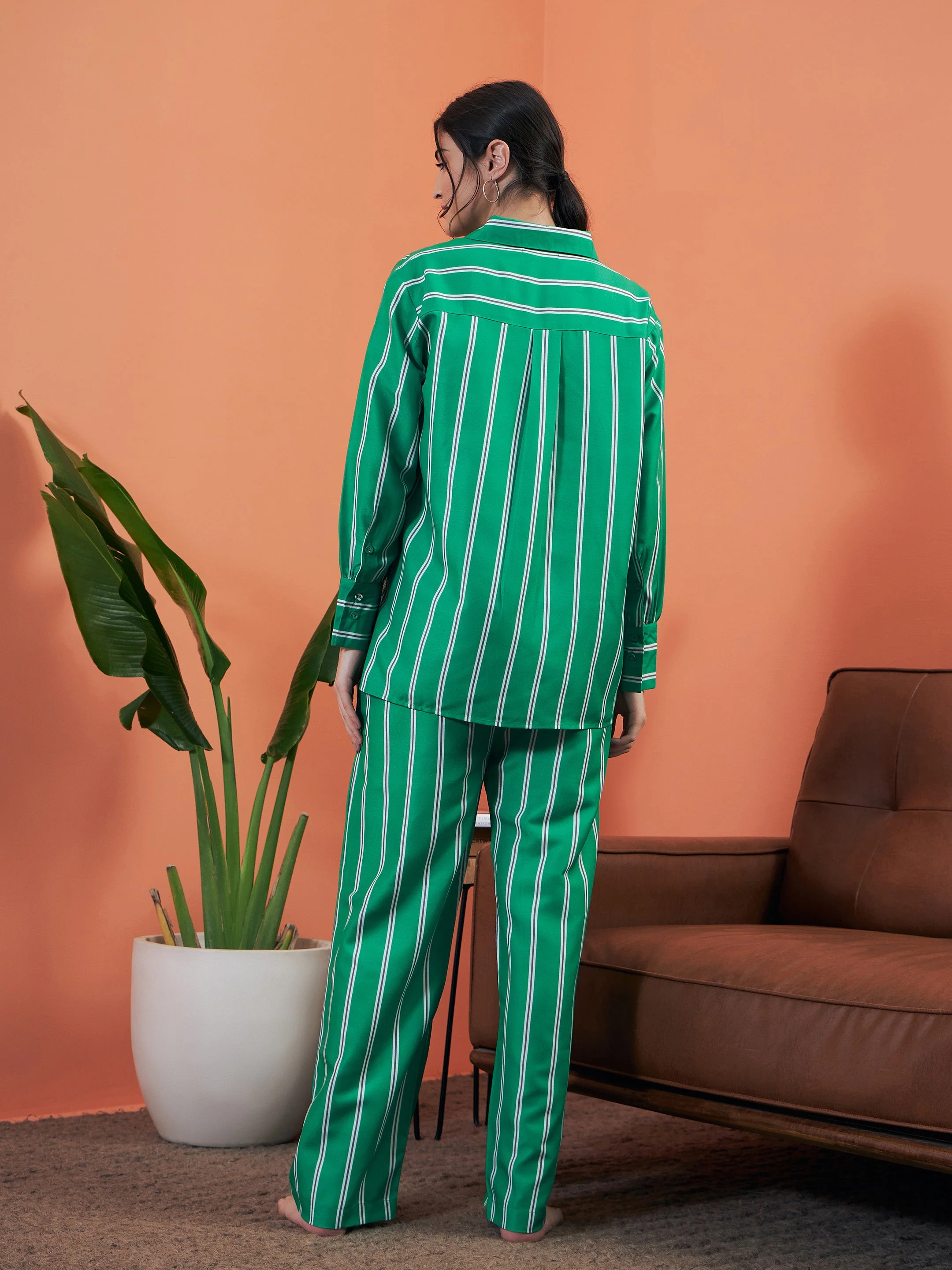 Women Green Stripes Shirt With Lounge Pants - Image 6