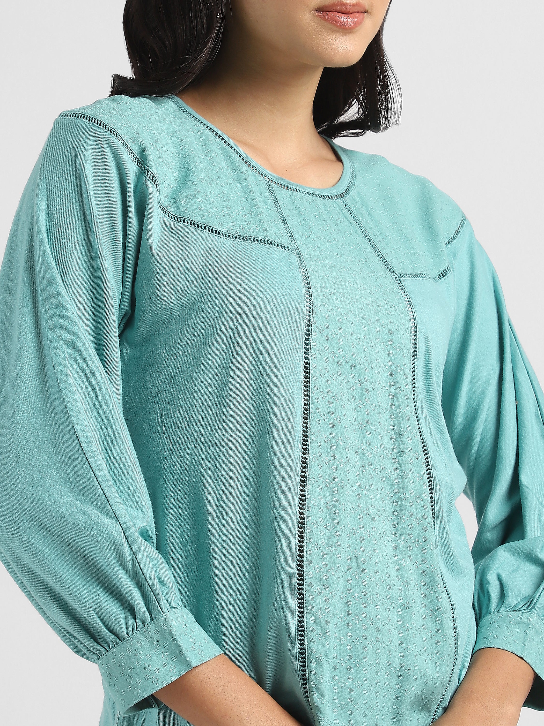 Women Green  Elegant Top with Balloon Sleeves and Lace Inserts - Image 6