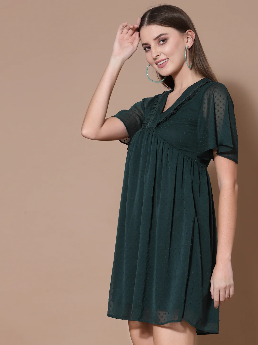 Women Green Swiss Dot Odour Free Crepe Midi Dress - Image 3