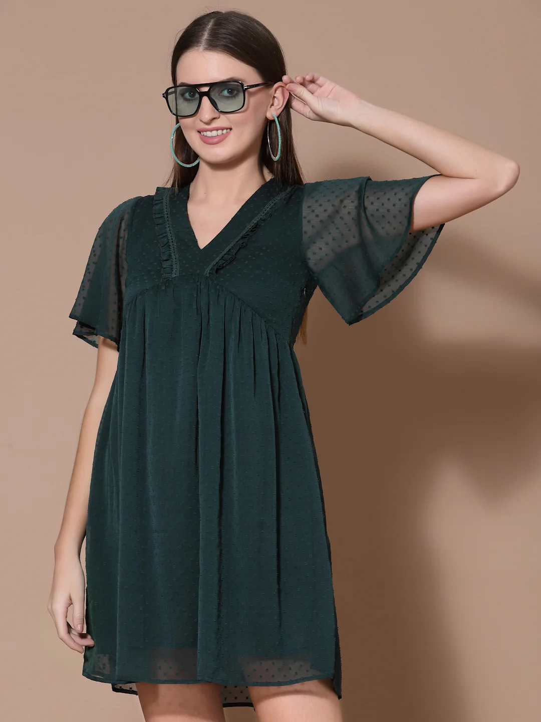 Women Green Swiss Dot Odour Free Crepe Midi Dress - Image 5