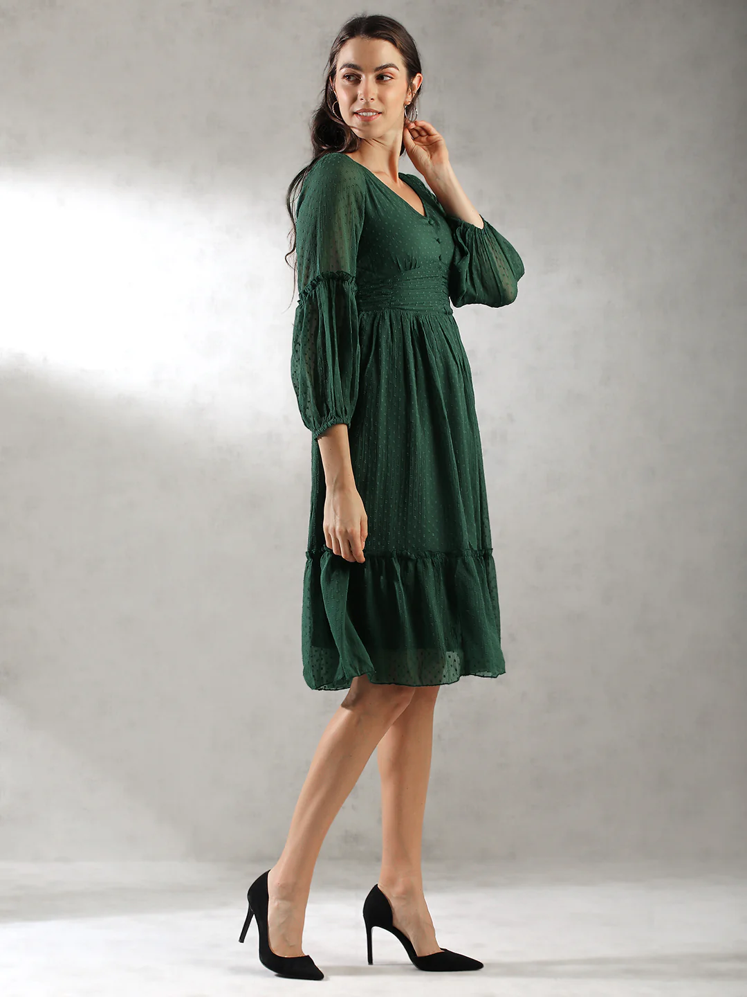 Women Green Self Design Textured Dress - Image 3