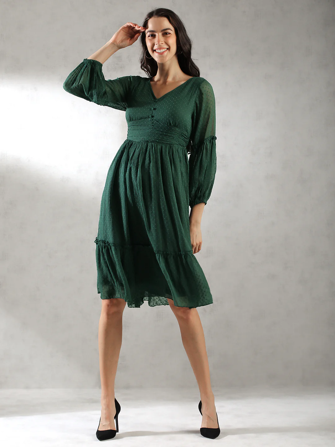 Women Green Self Design Textured Dress - Image 5