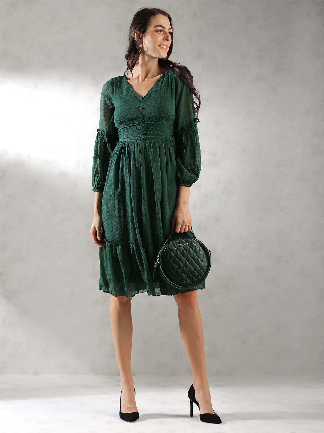Women Green Self Design Textured Dress - Image 6