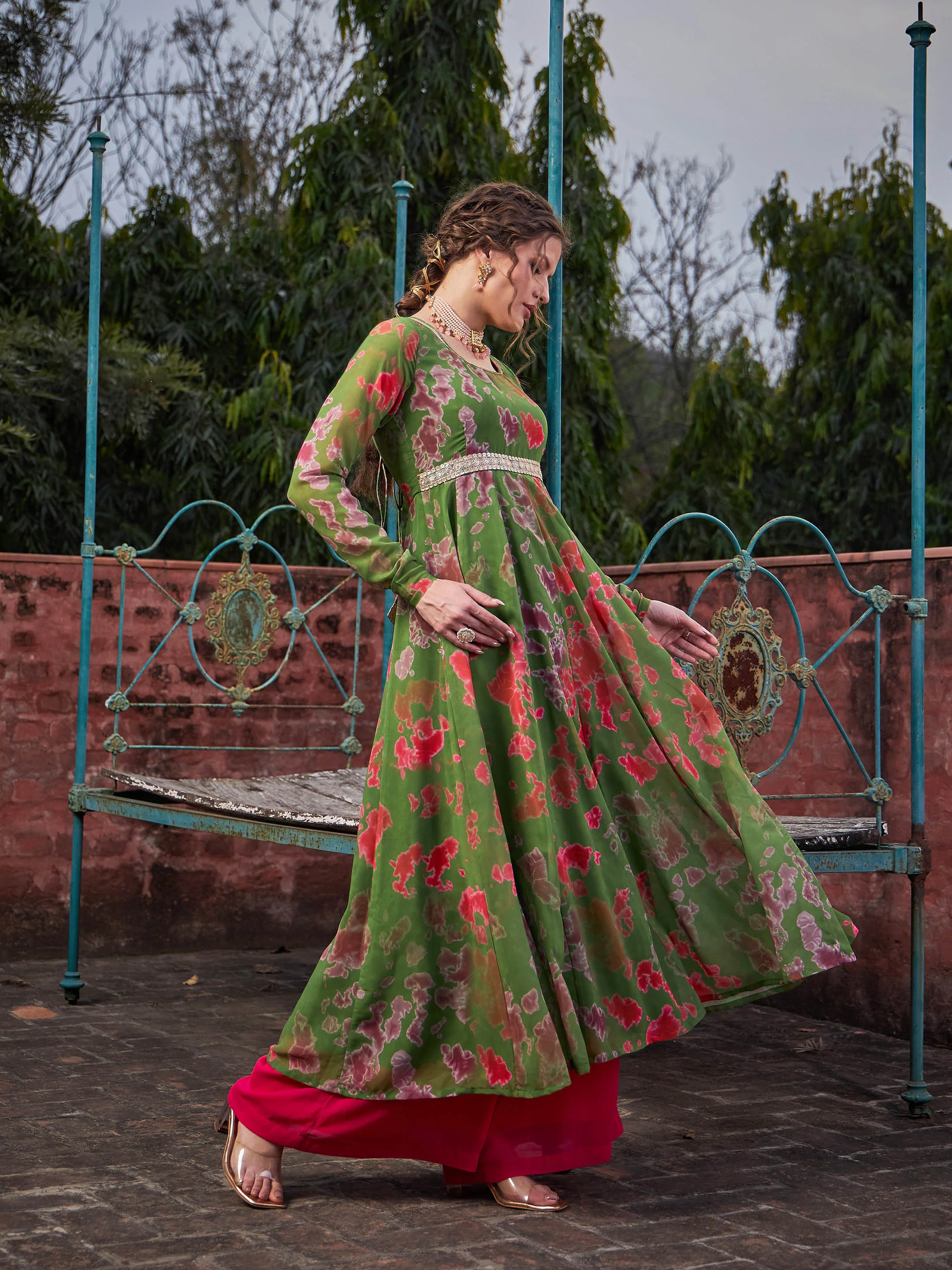 Women Green Tie & Dye Back Criss Cross Dori Anarkali Kurta - Image 3