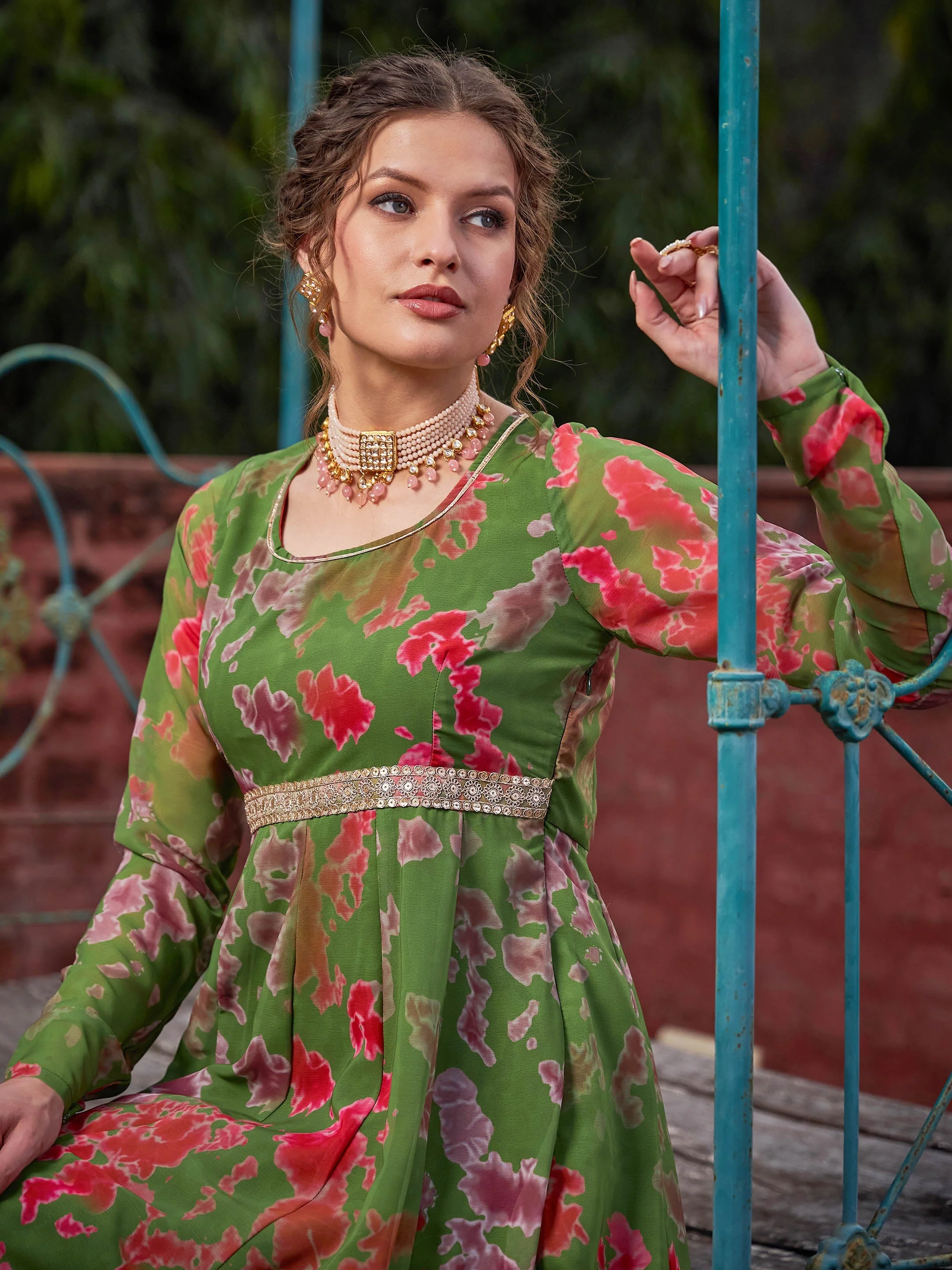 Women Green Tie & Dye Back Criss Cross Dori Anarkali Kurta - Image 4