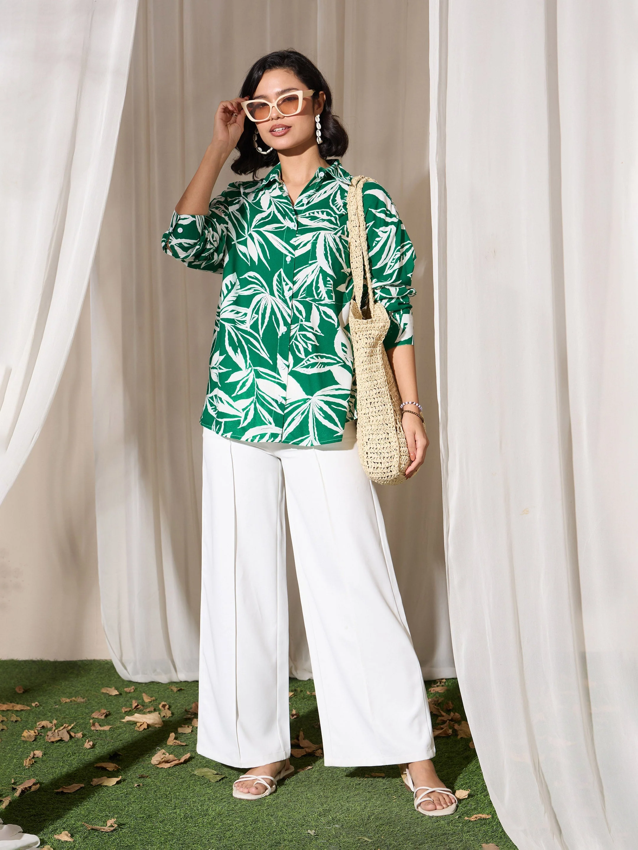Women Green Tropical Floral Oversized Shirt - Image 2