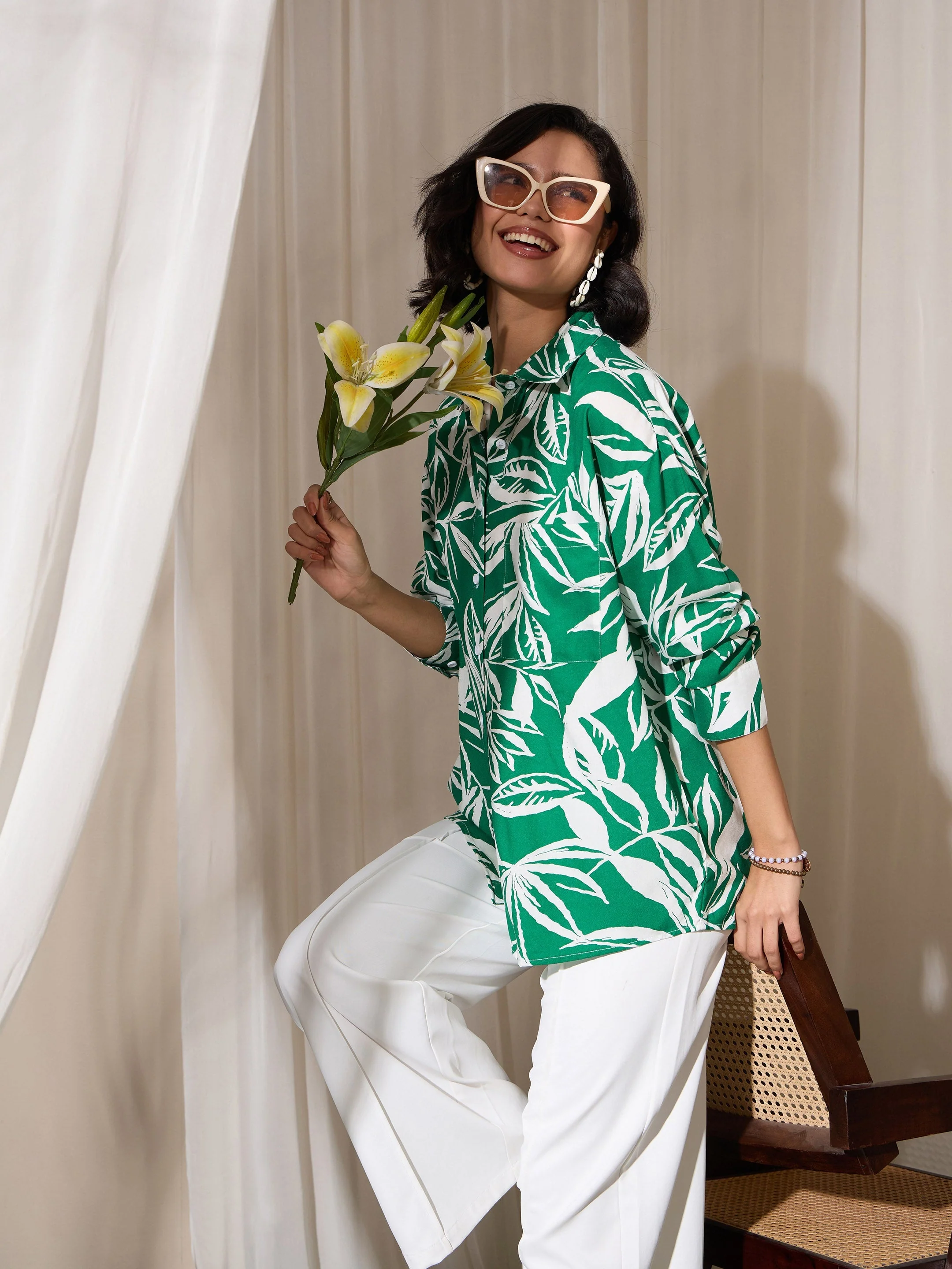 Women Green Tropical Floral Oversized Shirt - Image 3