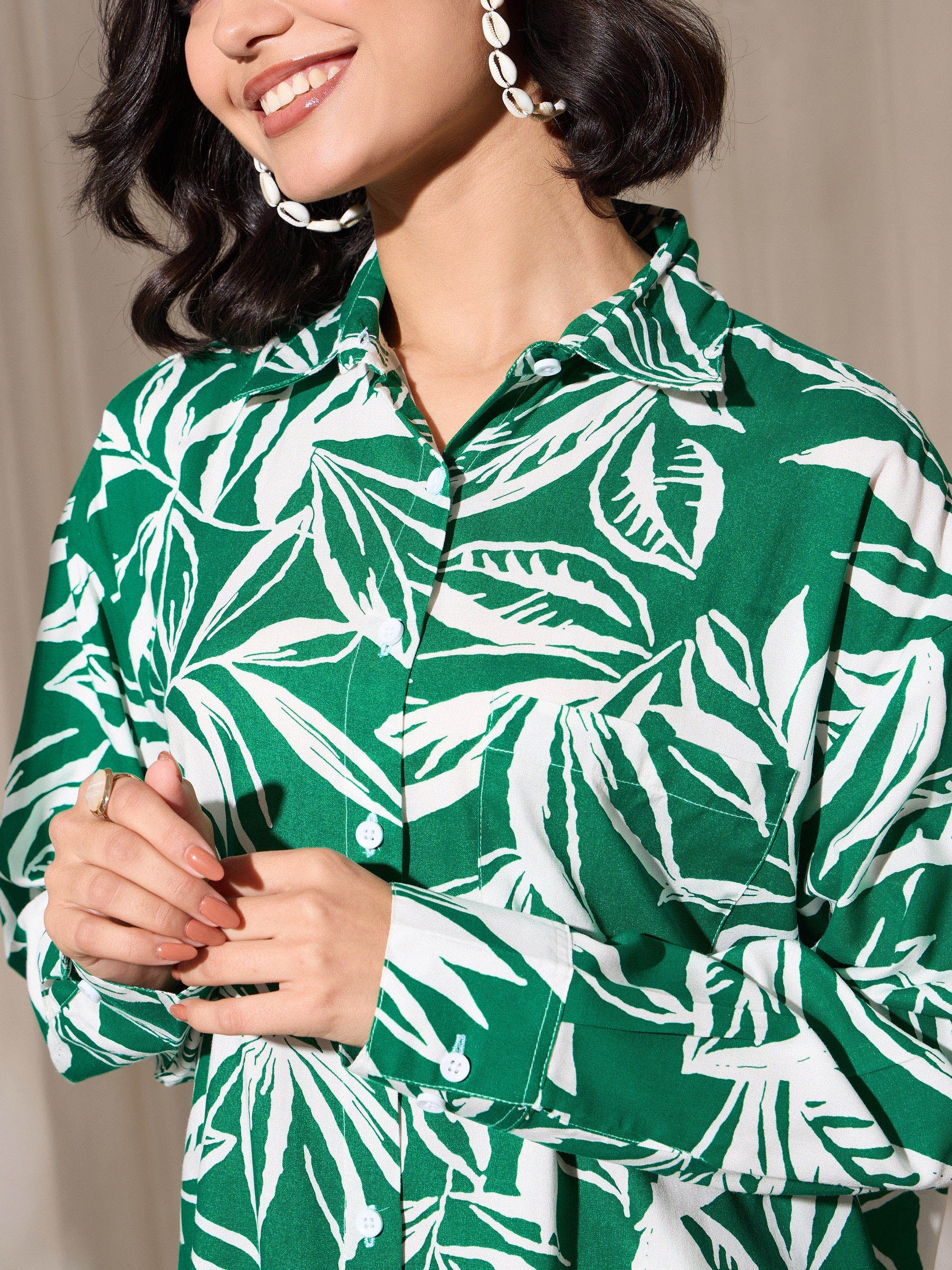 Women Green Tropical Floral Oversized Shirt - Image 4