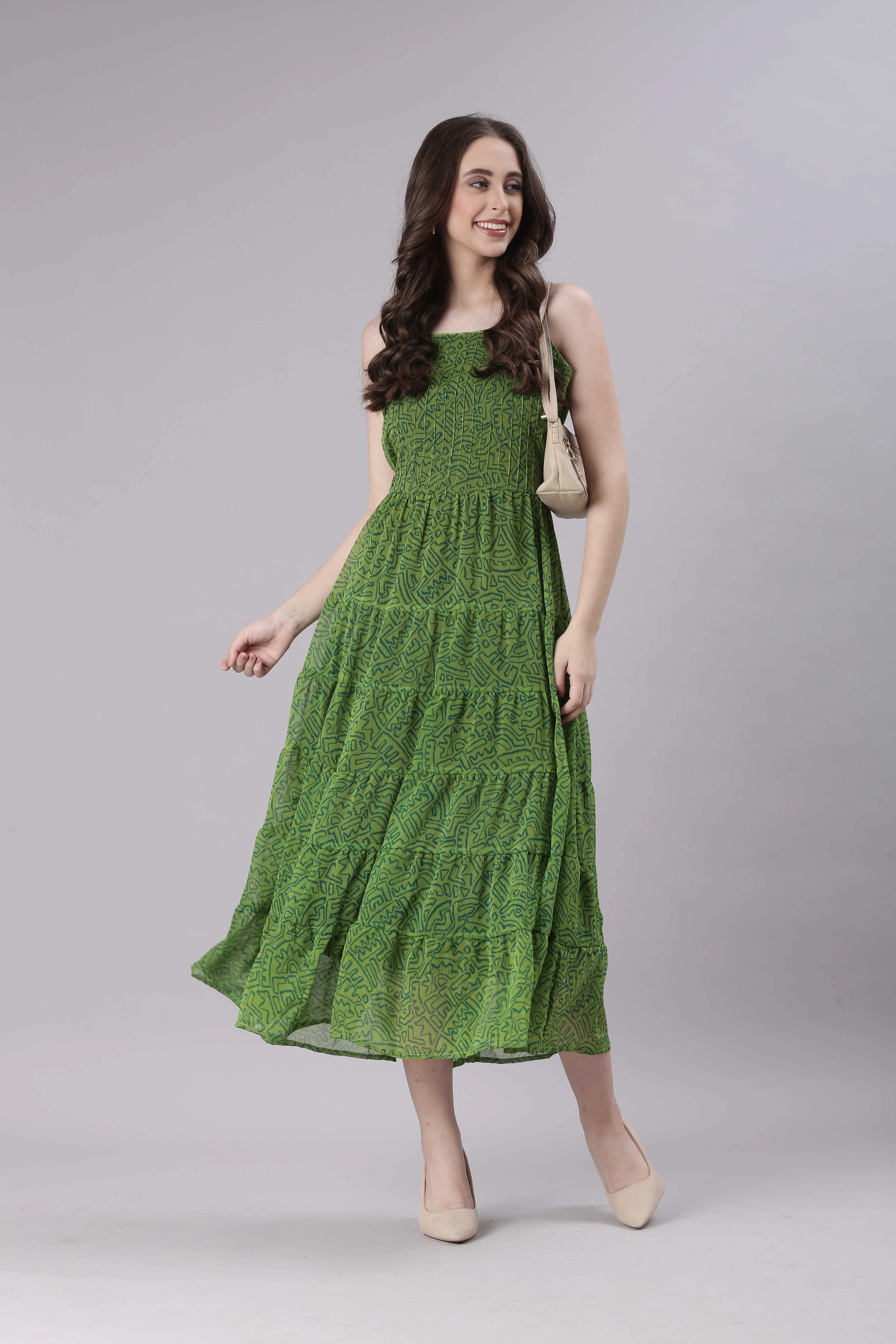 Women Green Varlie Printed Tiered Dress - Image 3
