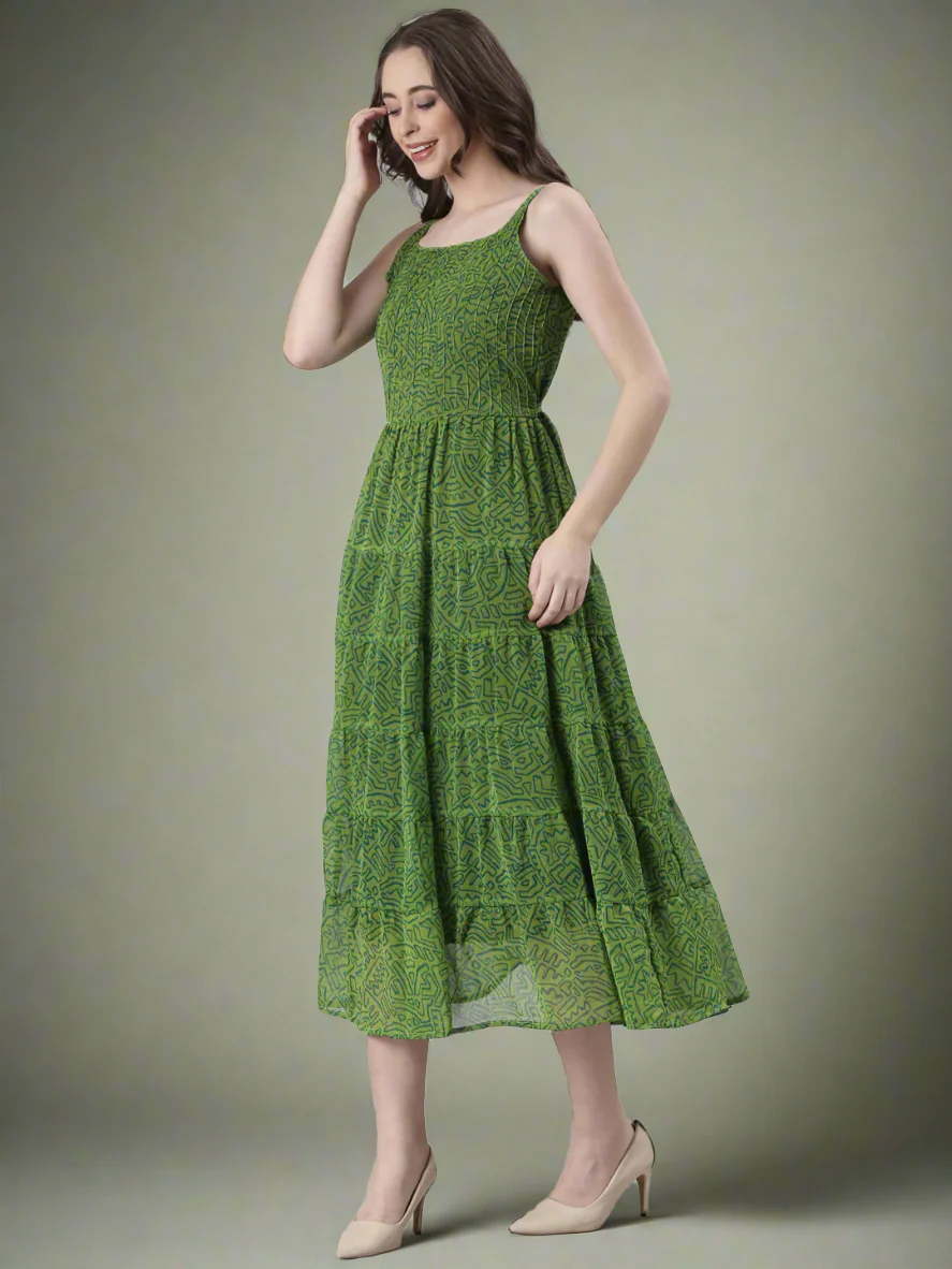 Women Green Varlie Printed Tiered Dress - Image 6
