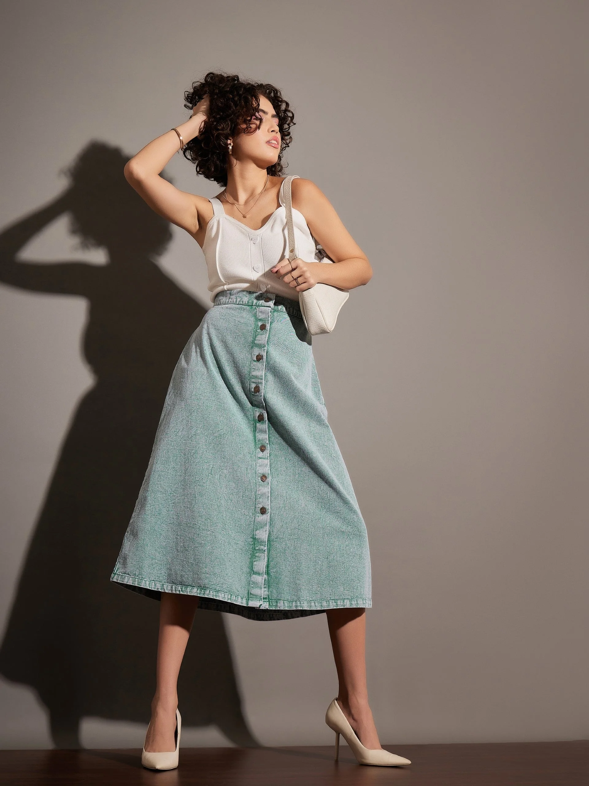 Women Green Washed Denim A-Line Skirt - Image 2