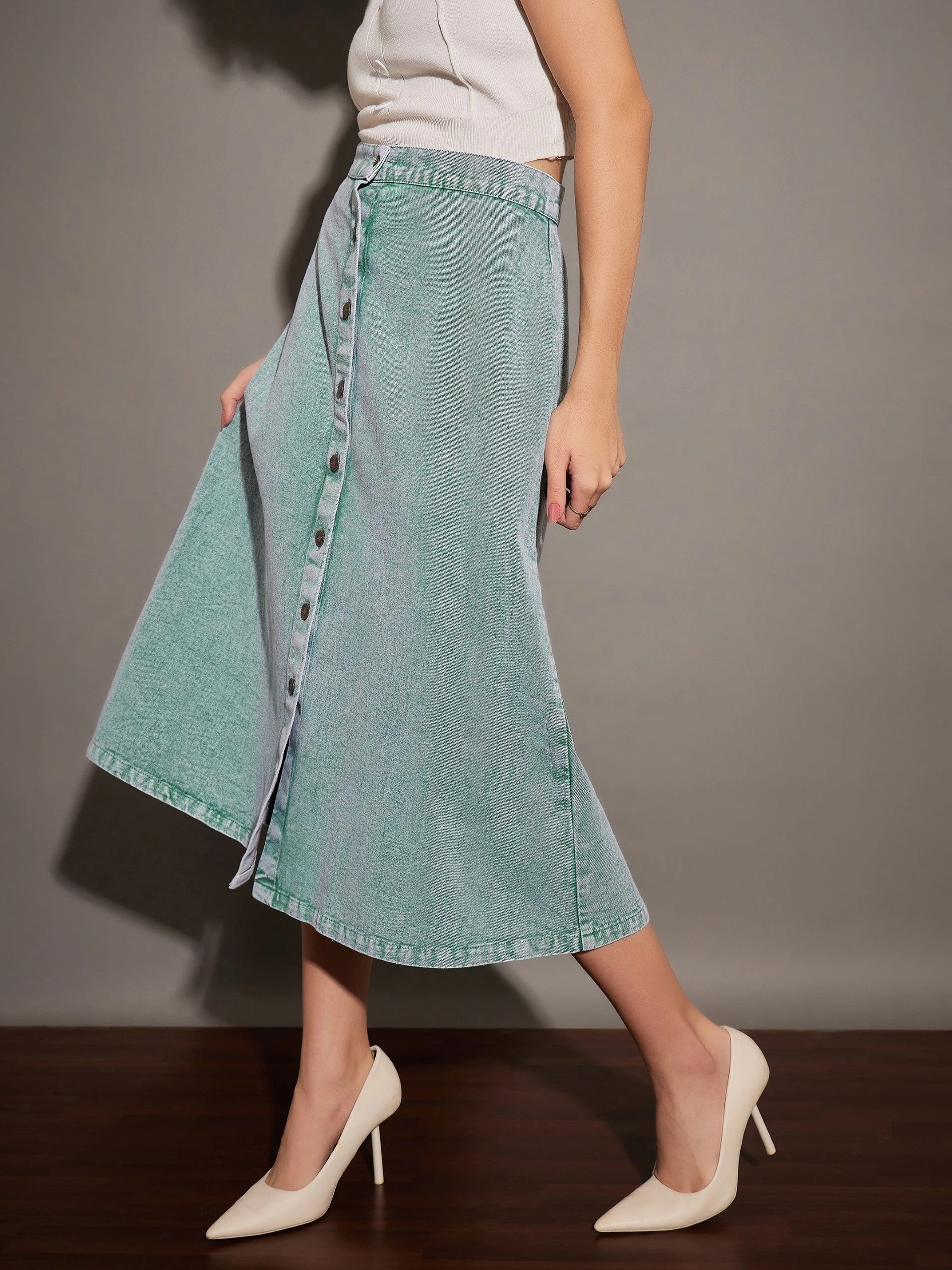 Women Green Washed Denim A-Line Skirt - Image 3