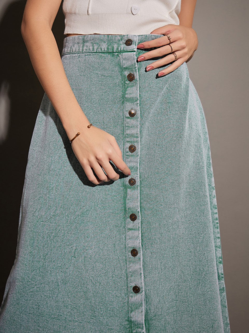 Women Green Washed Denim A-Line Skirt - Image 4