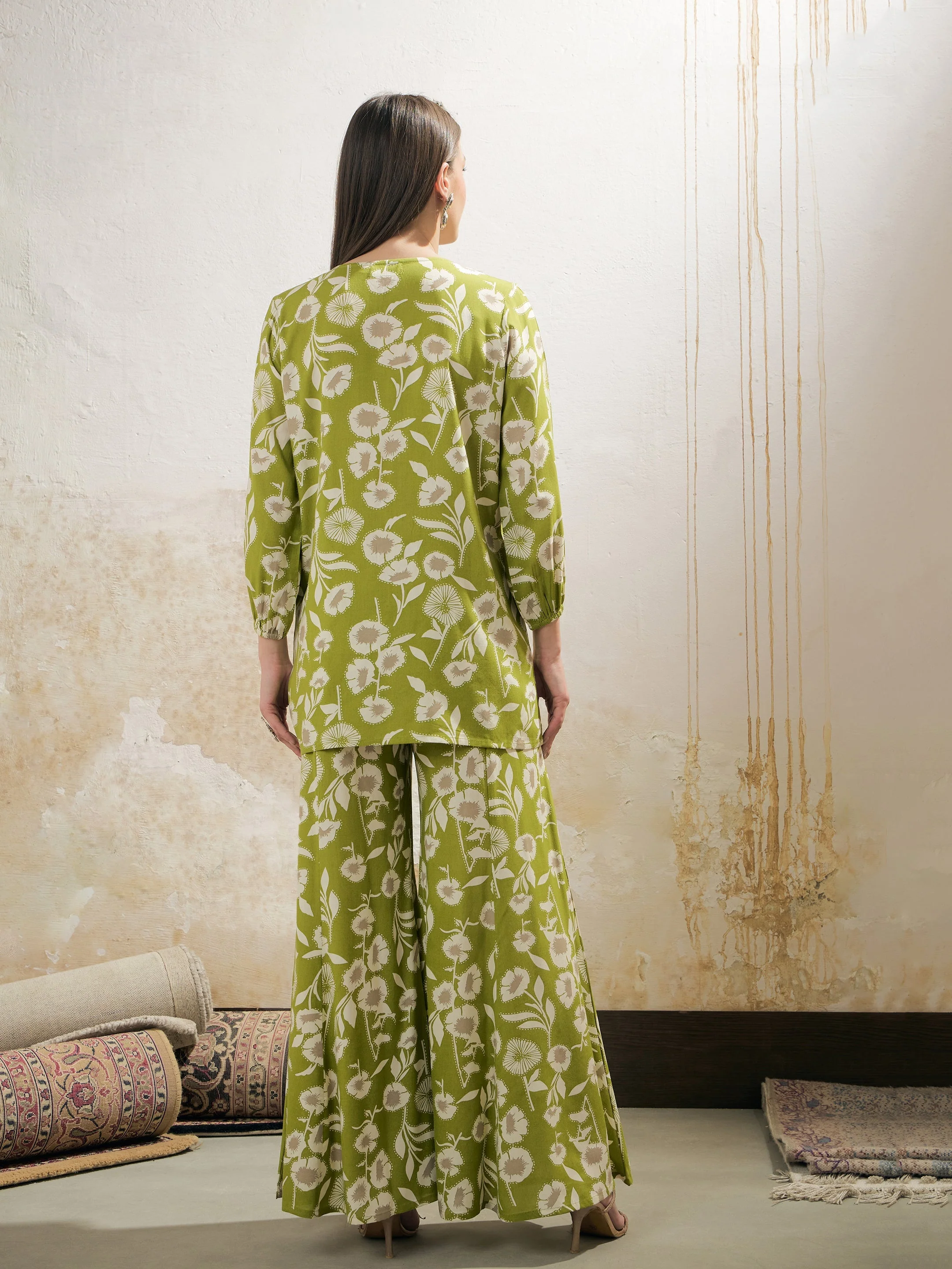 Women Green & White Floral Rayon Shirt With Palazzos - Image 5