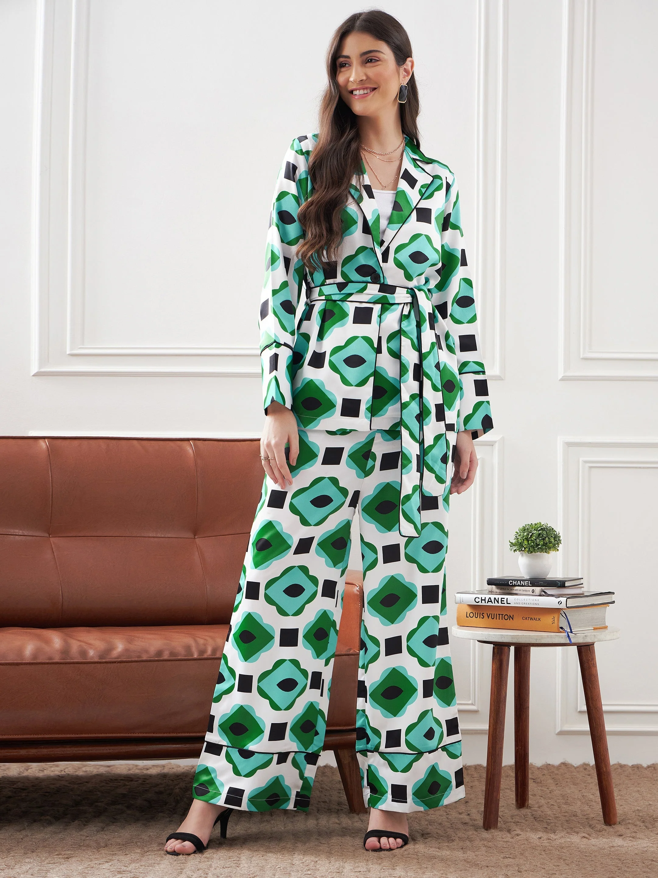 Women Green & White Satin Belted Shirt With Lounge Pants - Image 2