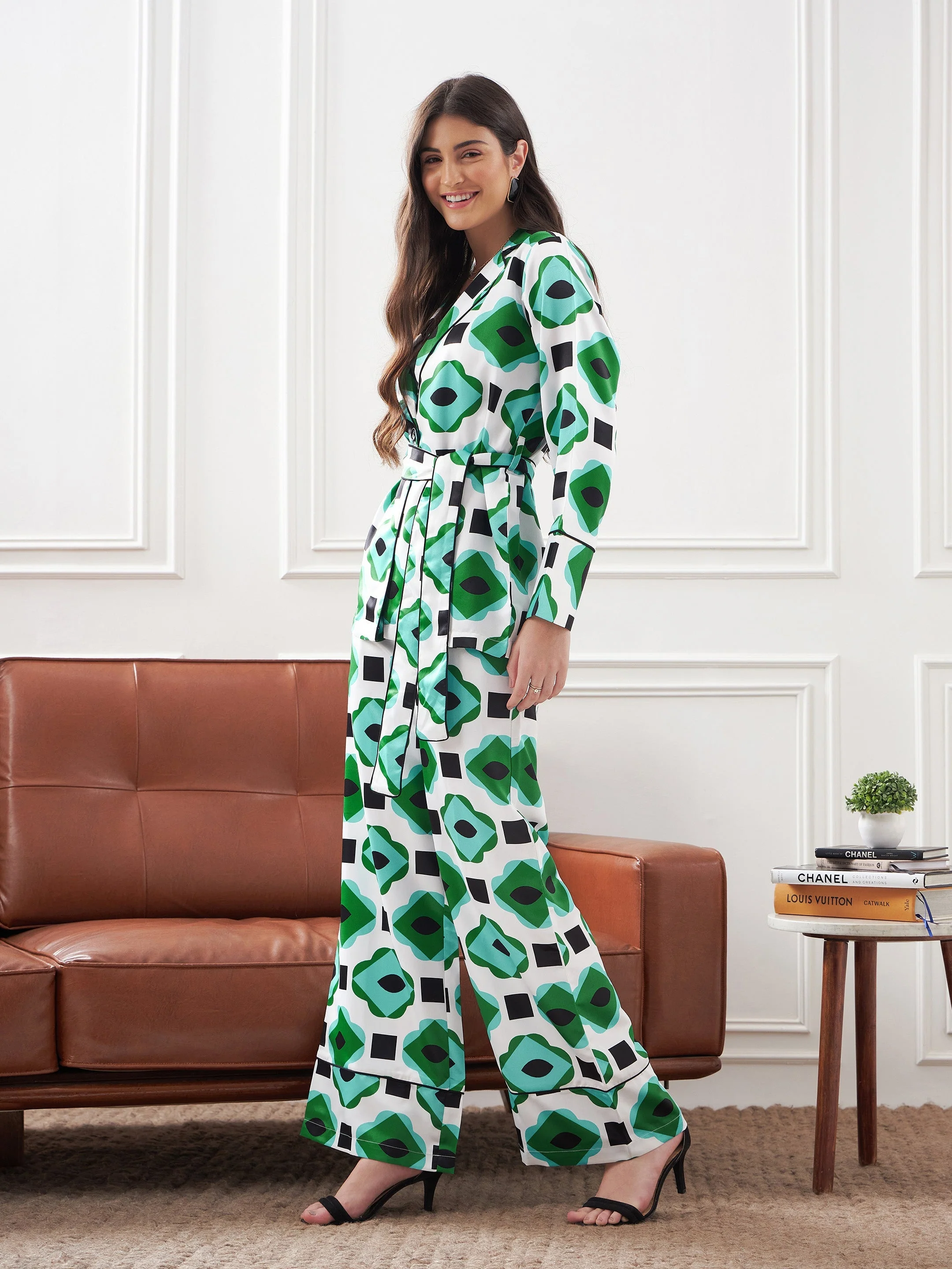Women Green & White Satin Belted Shirt With Lounge Pants - Image 3