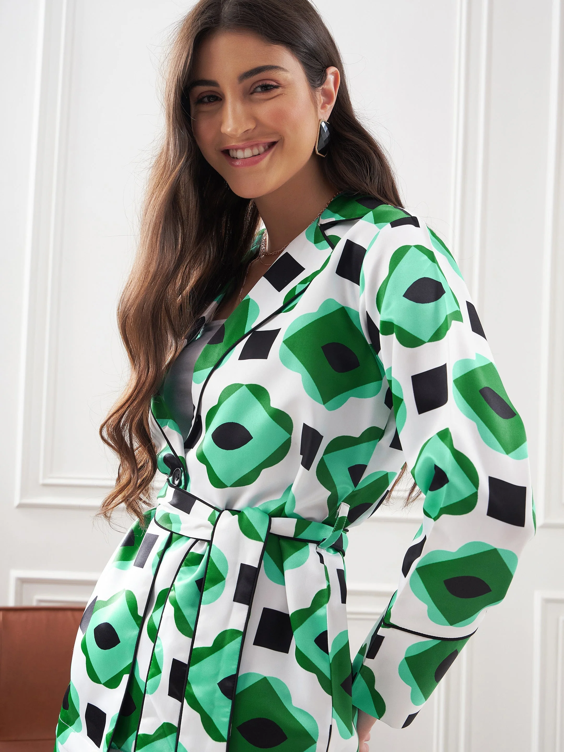Women Green & White Satin Belted Shirt With Lounge Pants - Image 4