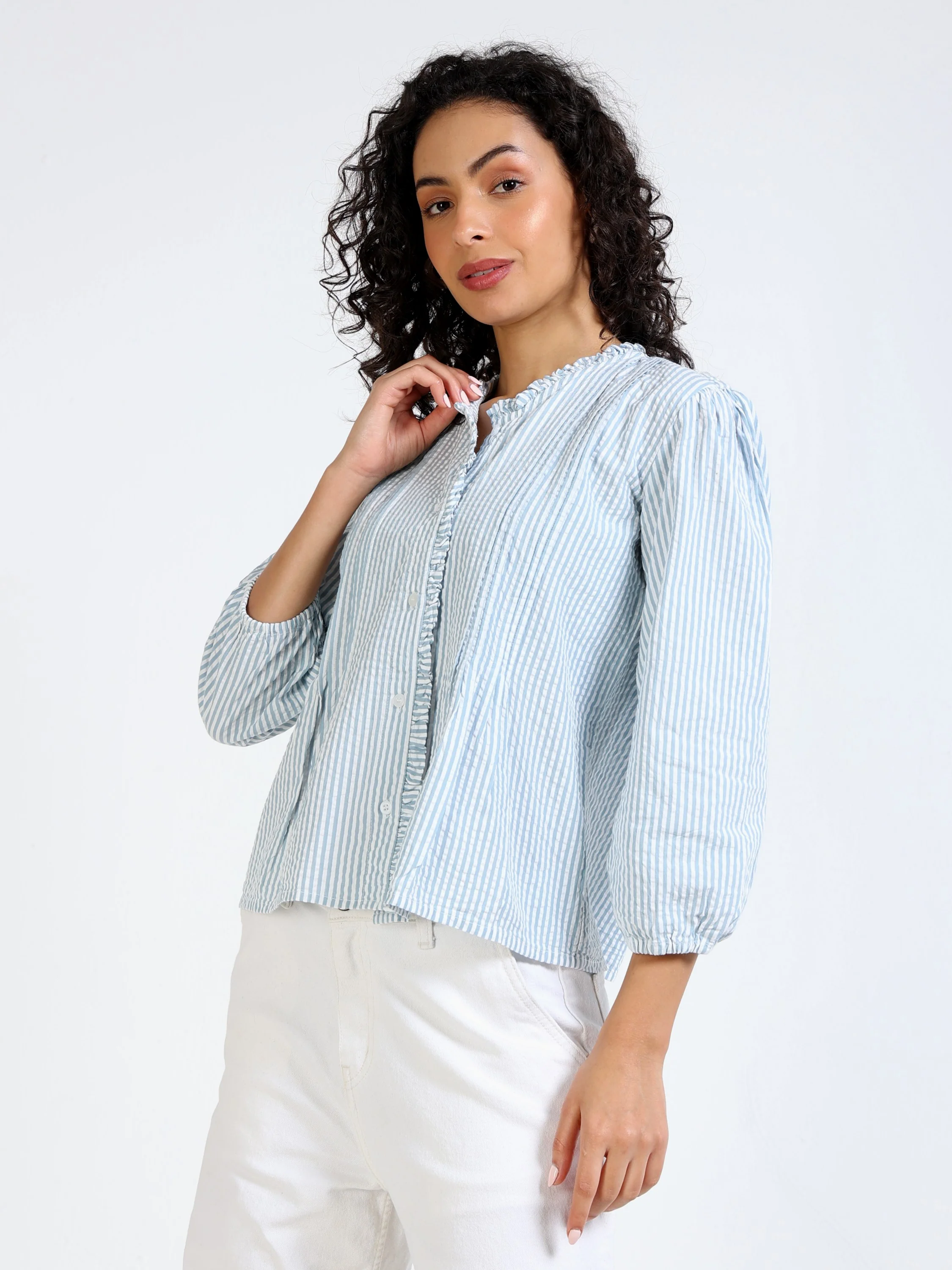 Women Pleated Stripe Shirt - Image 2