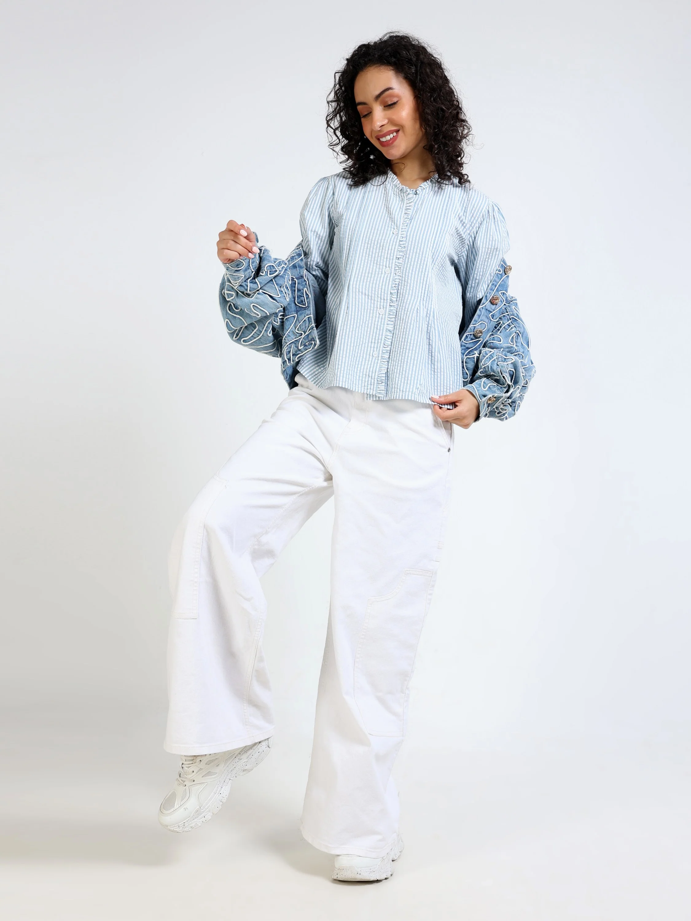 Women Pleated Stripe Shirt - Image 7