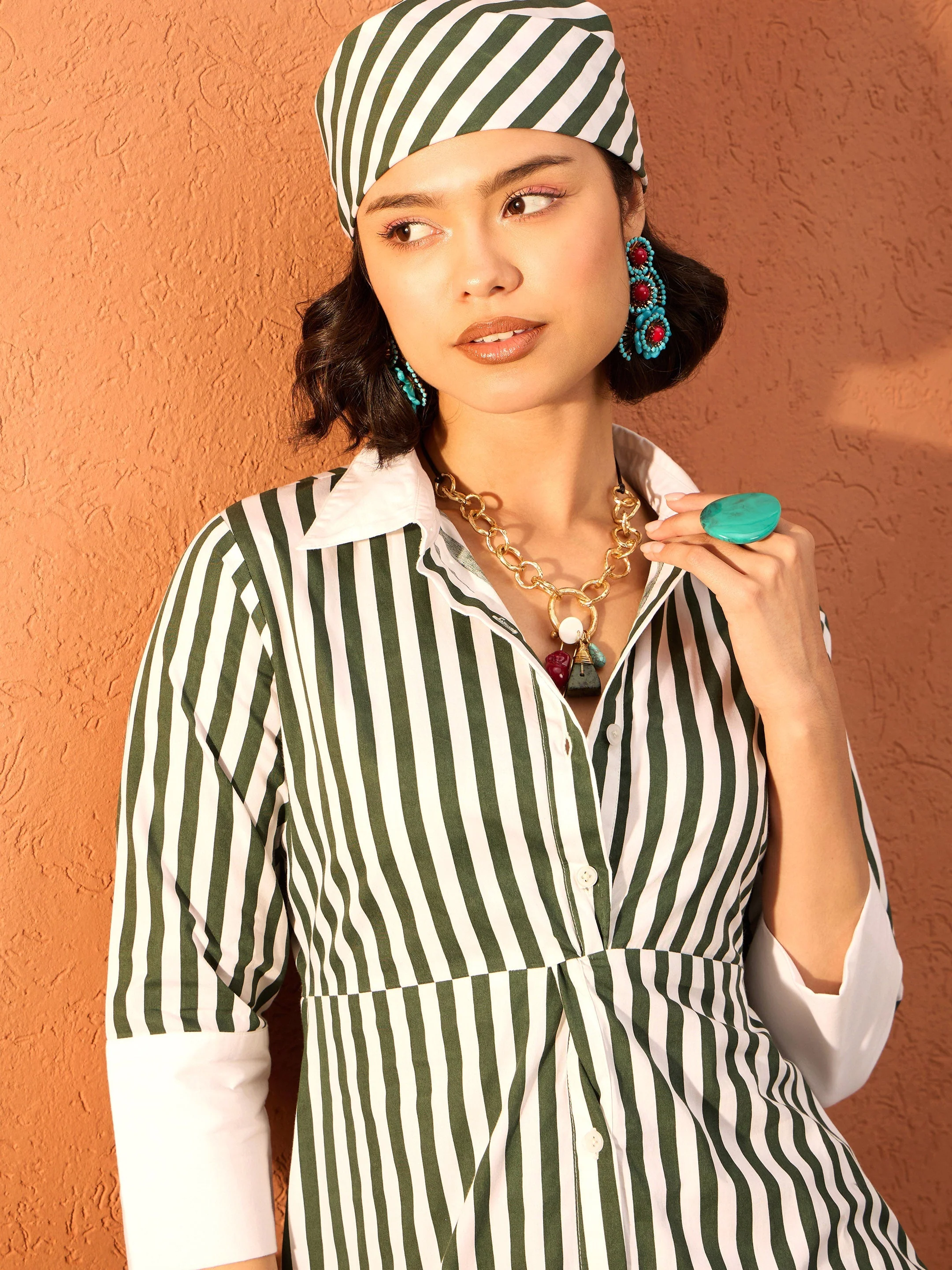 Women Green & White Stripe Contrast Collar Midi Dress - Image 4