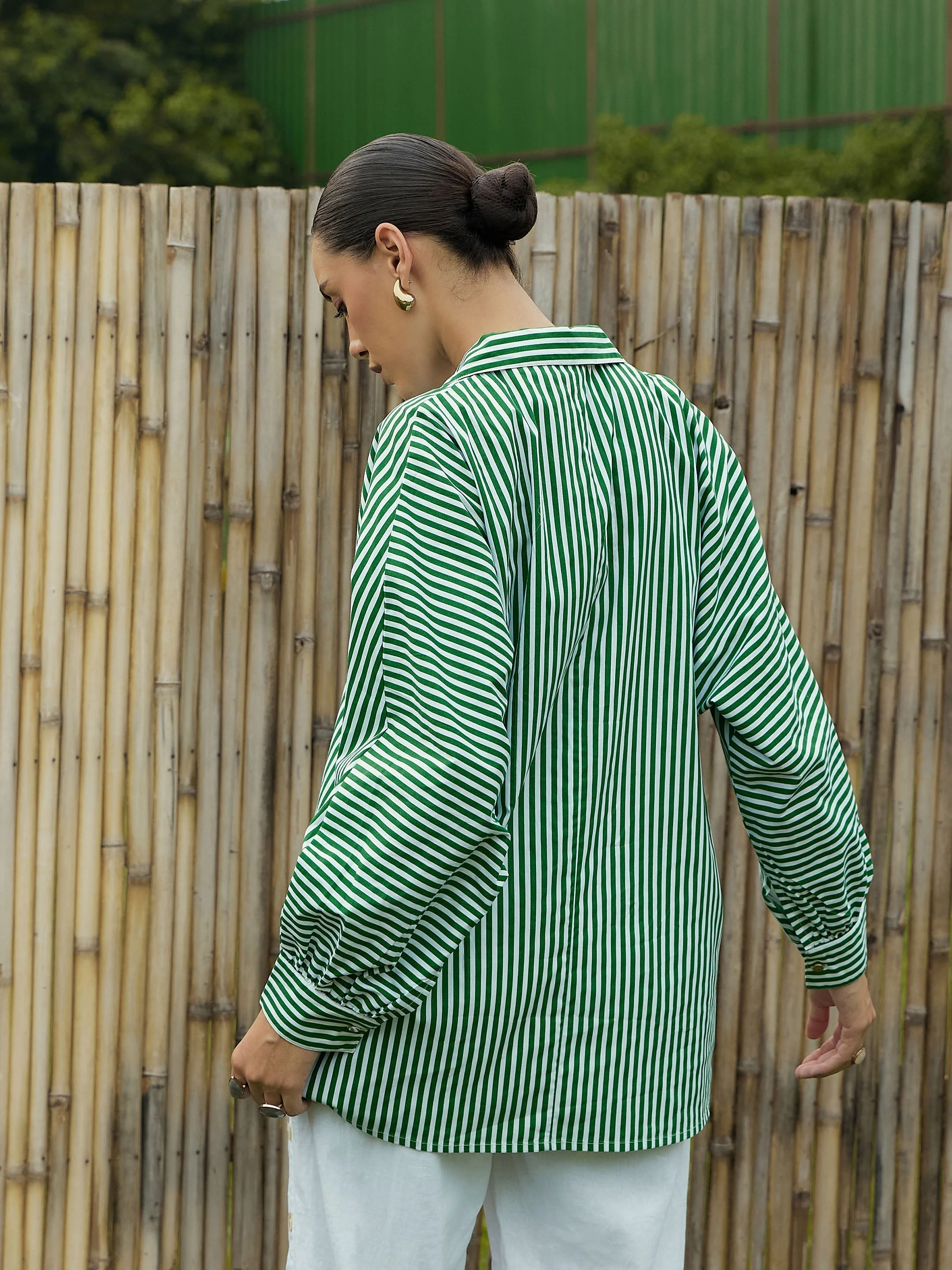 Women Green & White Stripe Oversized Shirt - Image 2