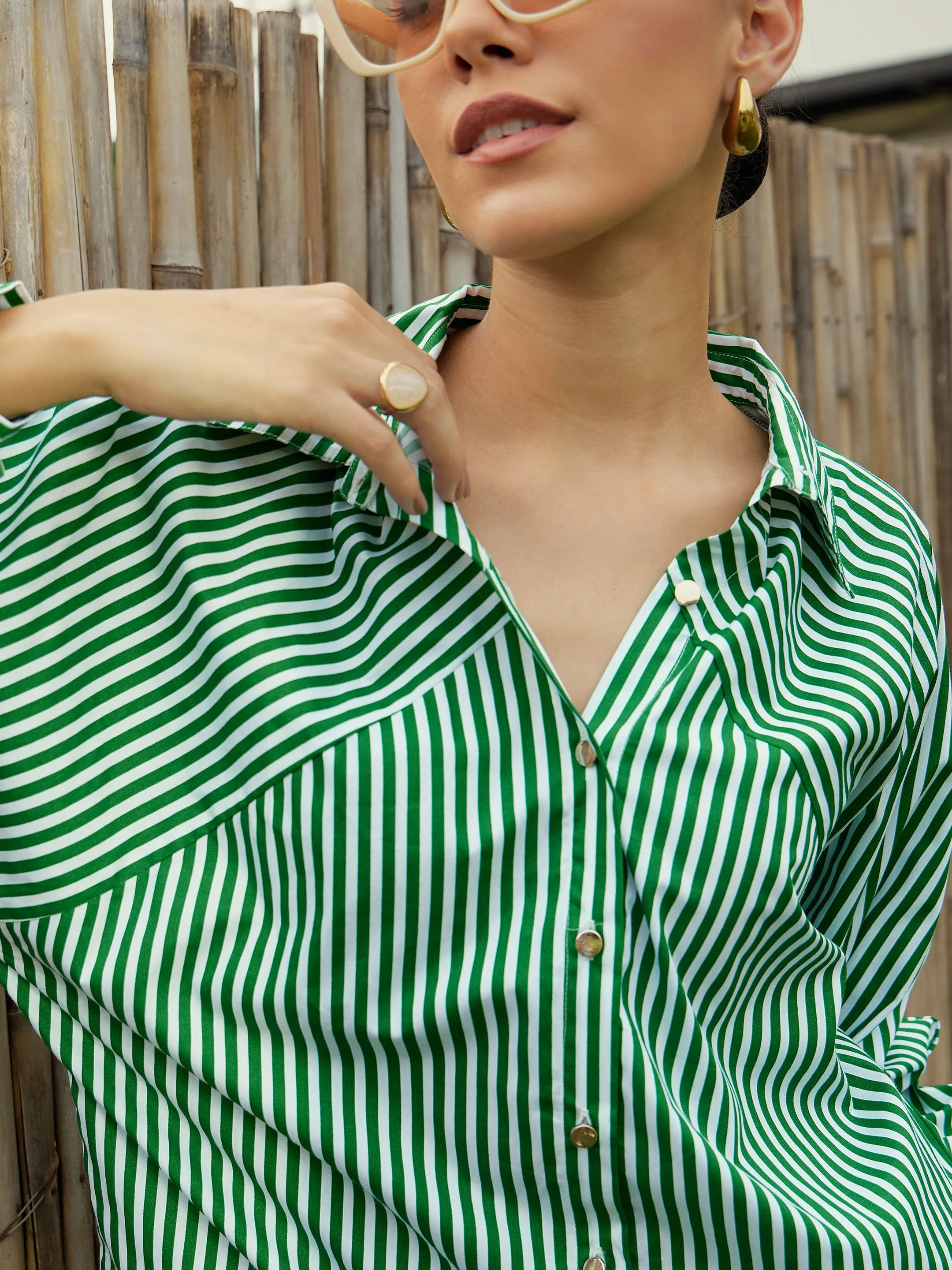 Women Green & White Stripe Oversized Shirt - Image 3