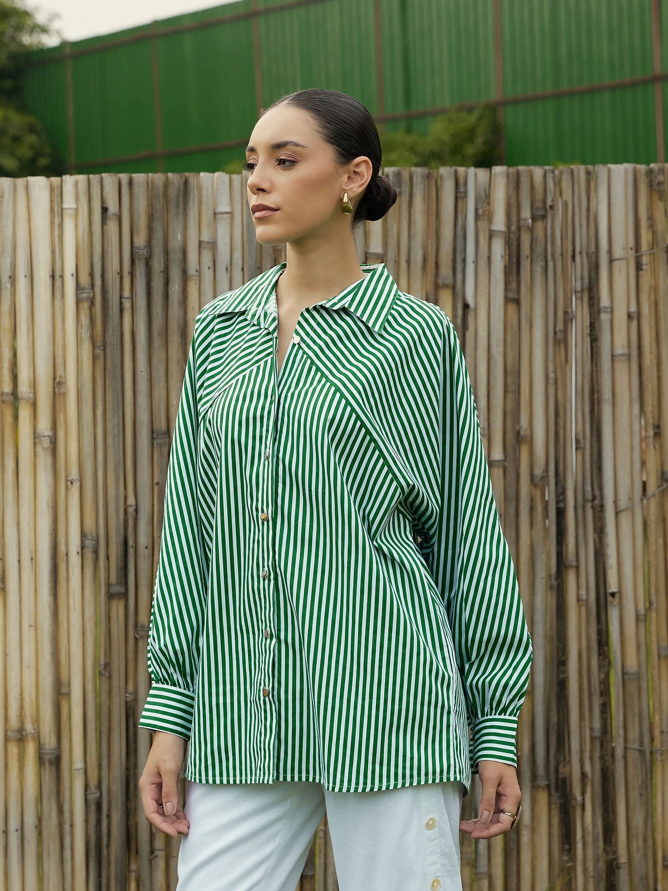 Women Green & White Stripe Oversized Shirt - Image 4