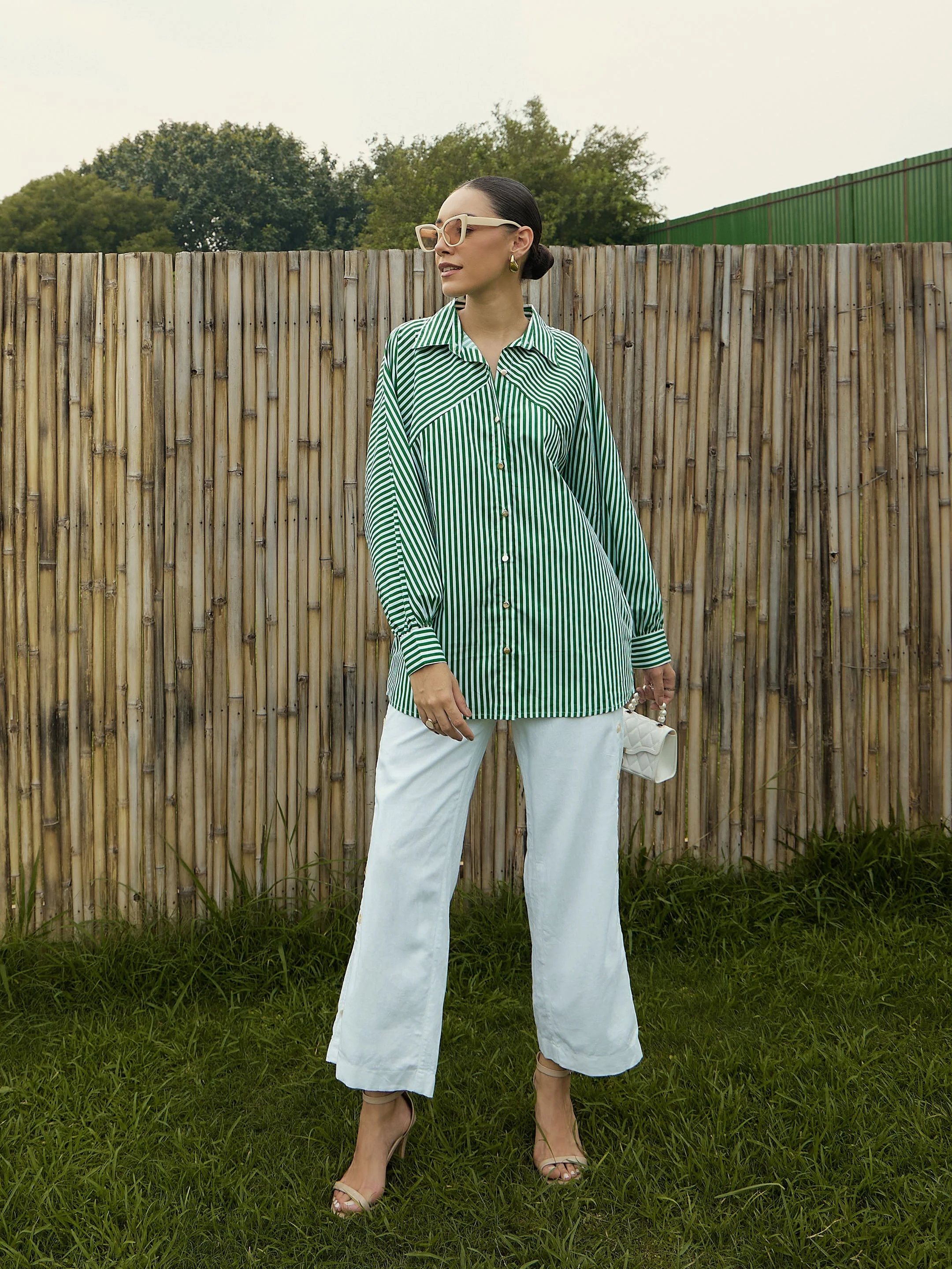 Women Green & White Stripe Oversized Shirt - Image 5