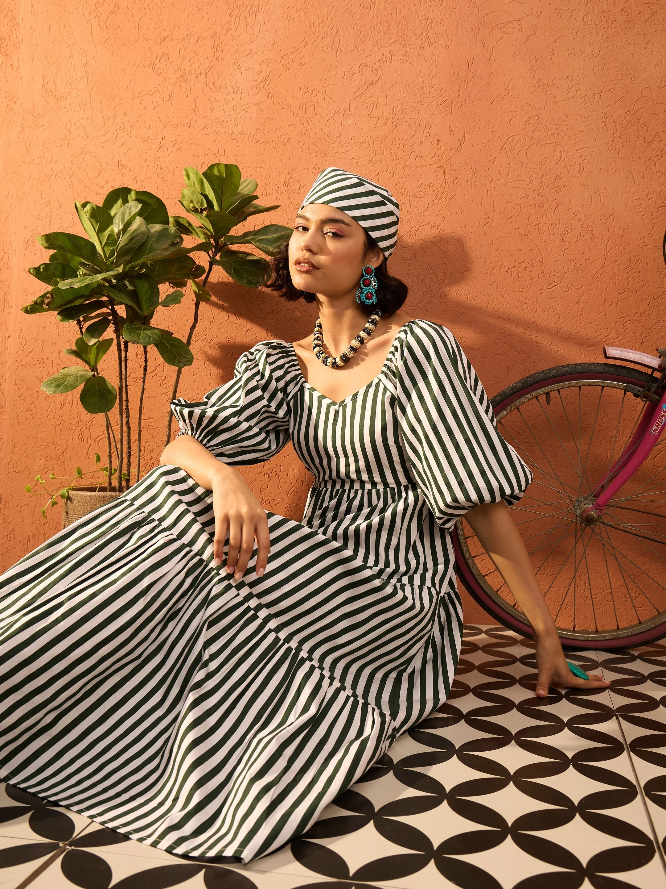 Women Green & White Stripe Tiered Maxi Dress - Image 2