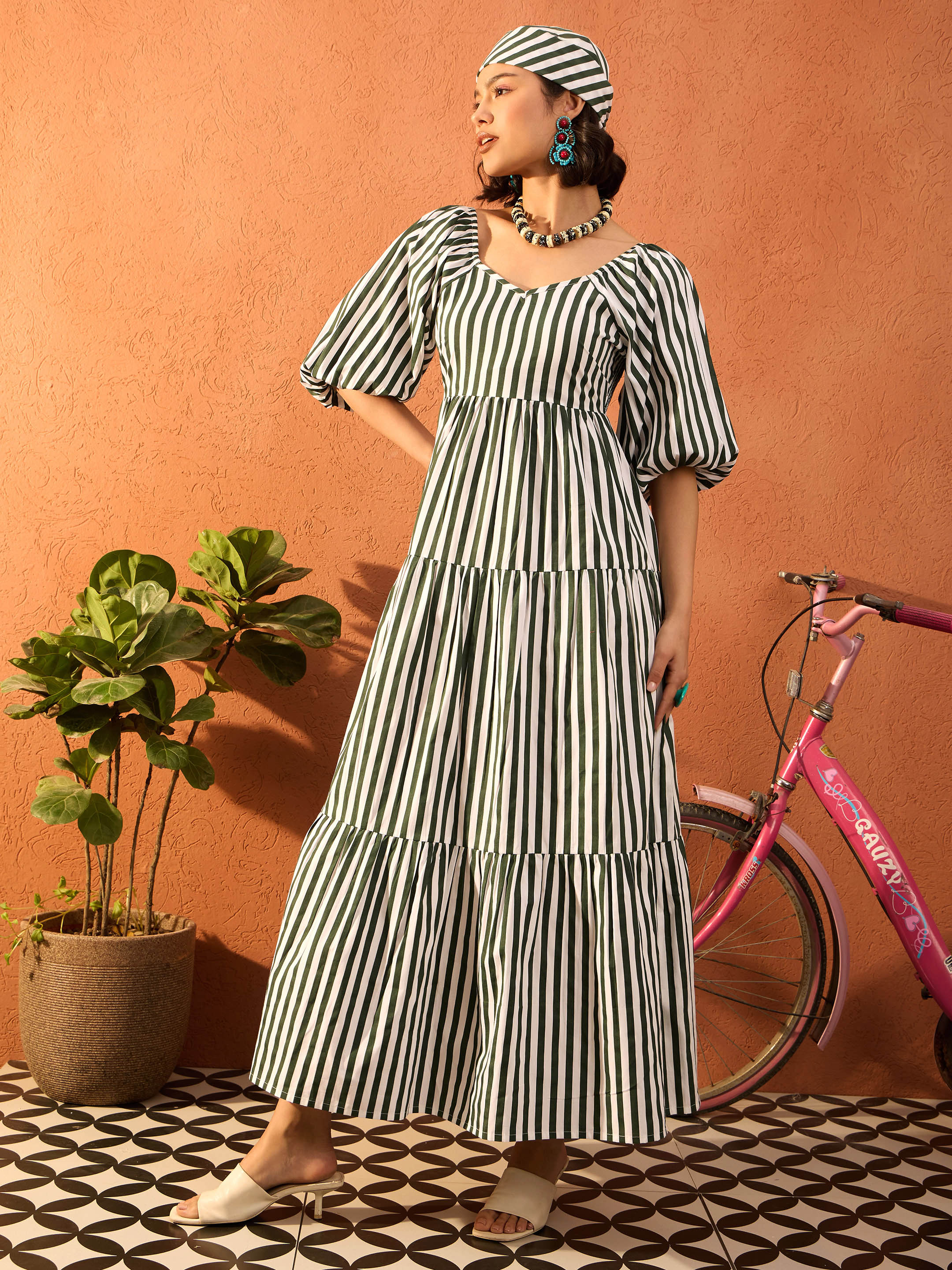 Women Green & White Stripe Tiered Maxi Dress - Image 3