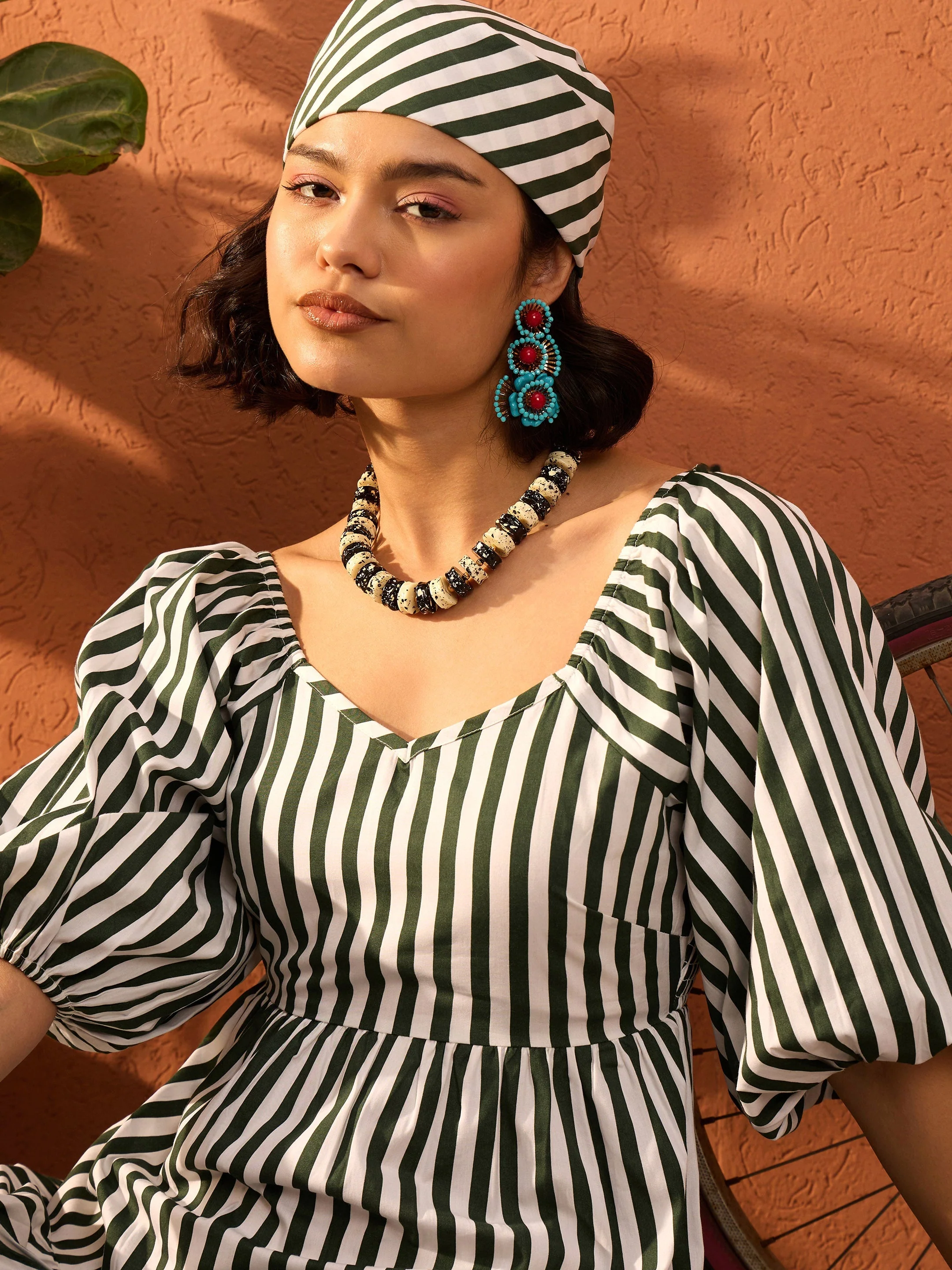 Women Green & White Stripe Tiered Maxi Dress - Image 4