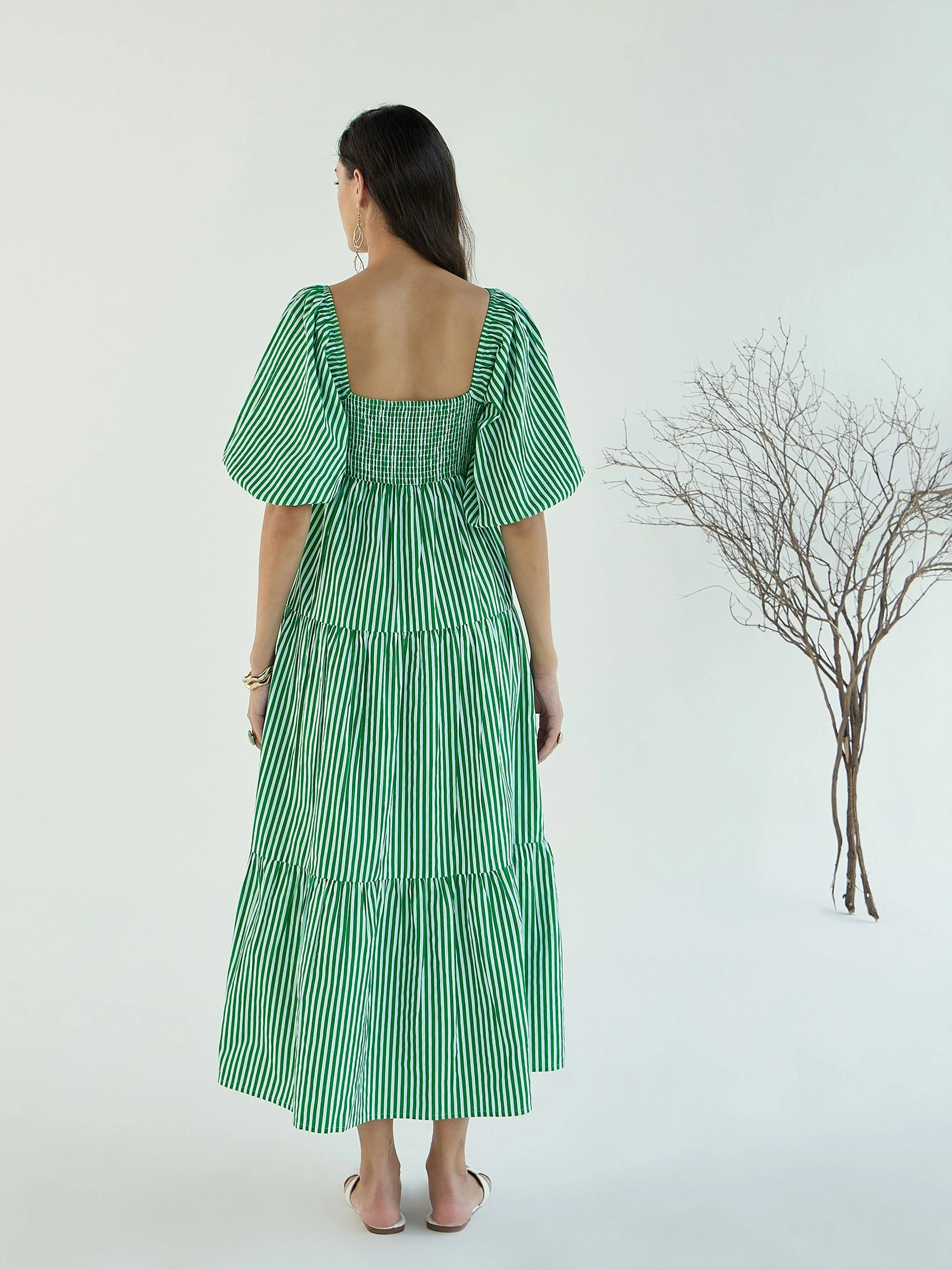 Women Green & White Stripe V-Neck Tiered Dress - Image 2