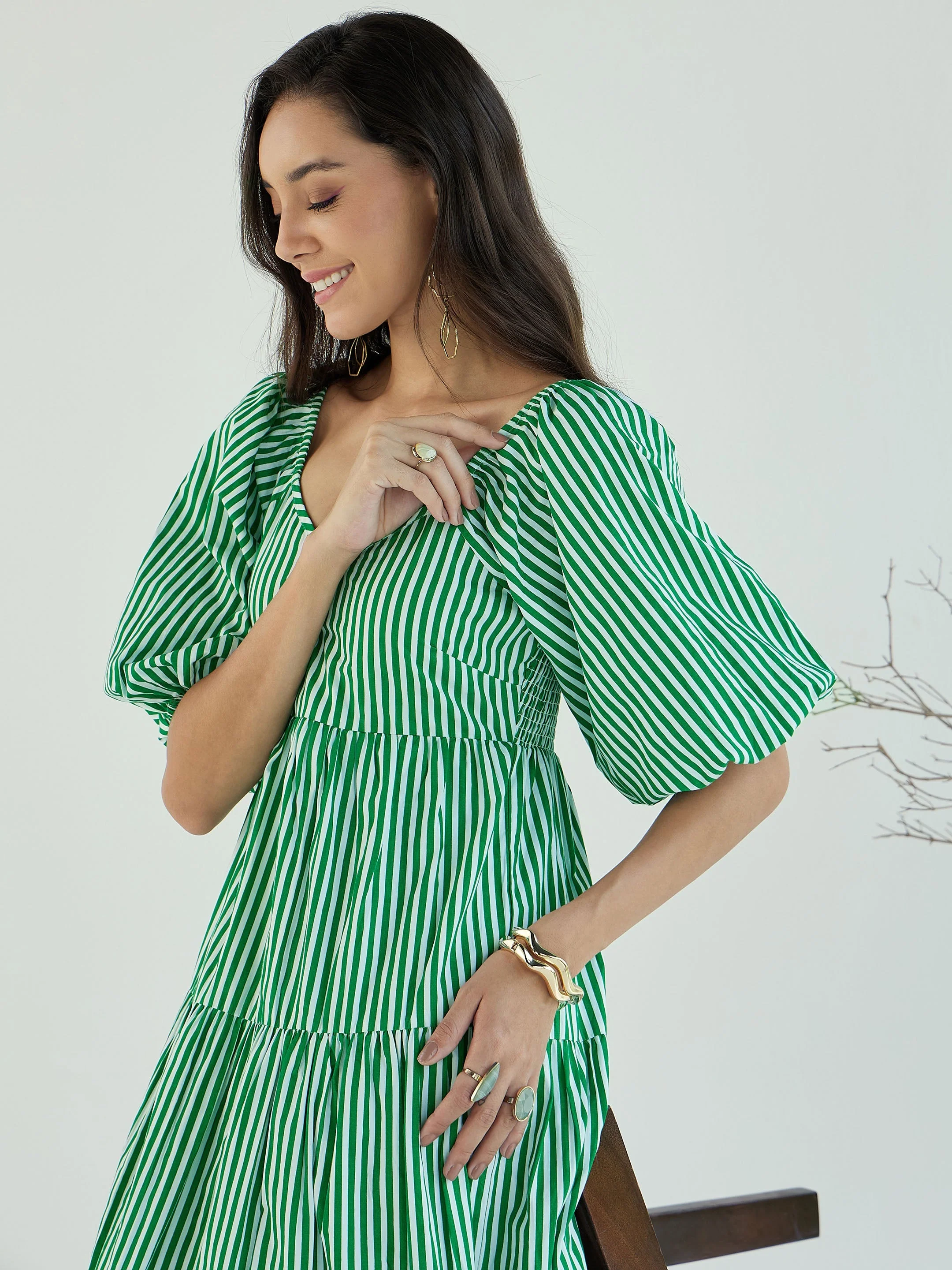 Women Green & White Stripe V-Neck Tiered Dress - Image 3