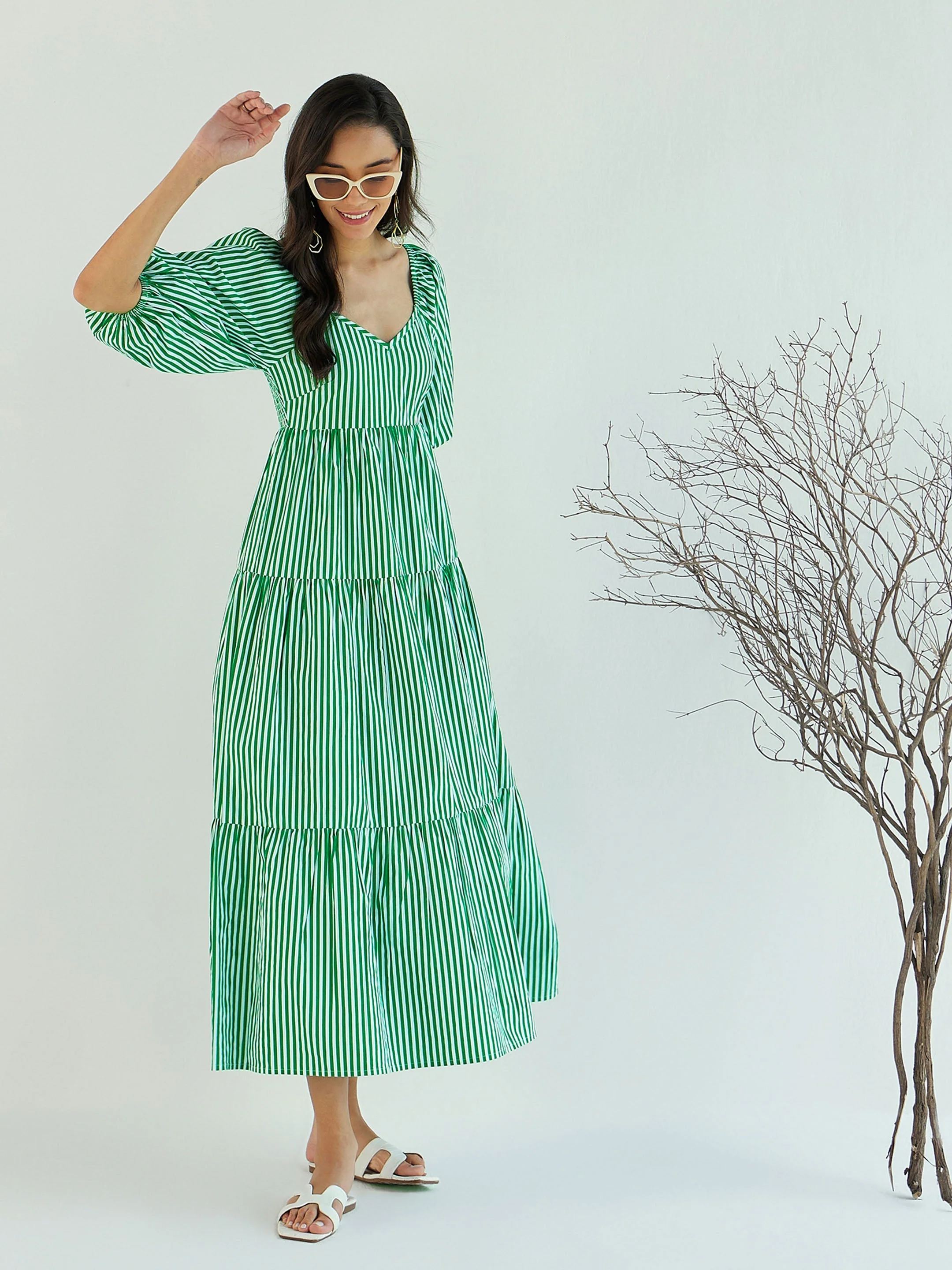 Women Green & White Stripe V-Neck Tiered Dress - Image 4