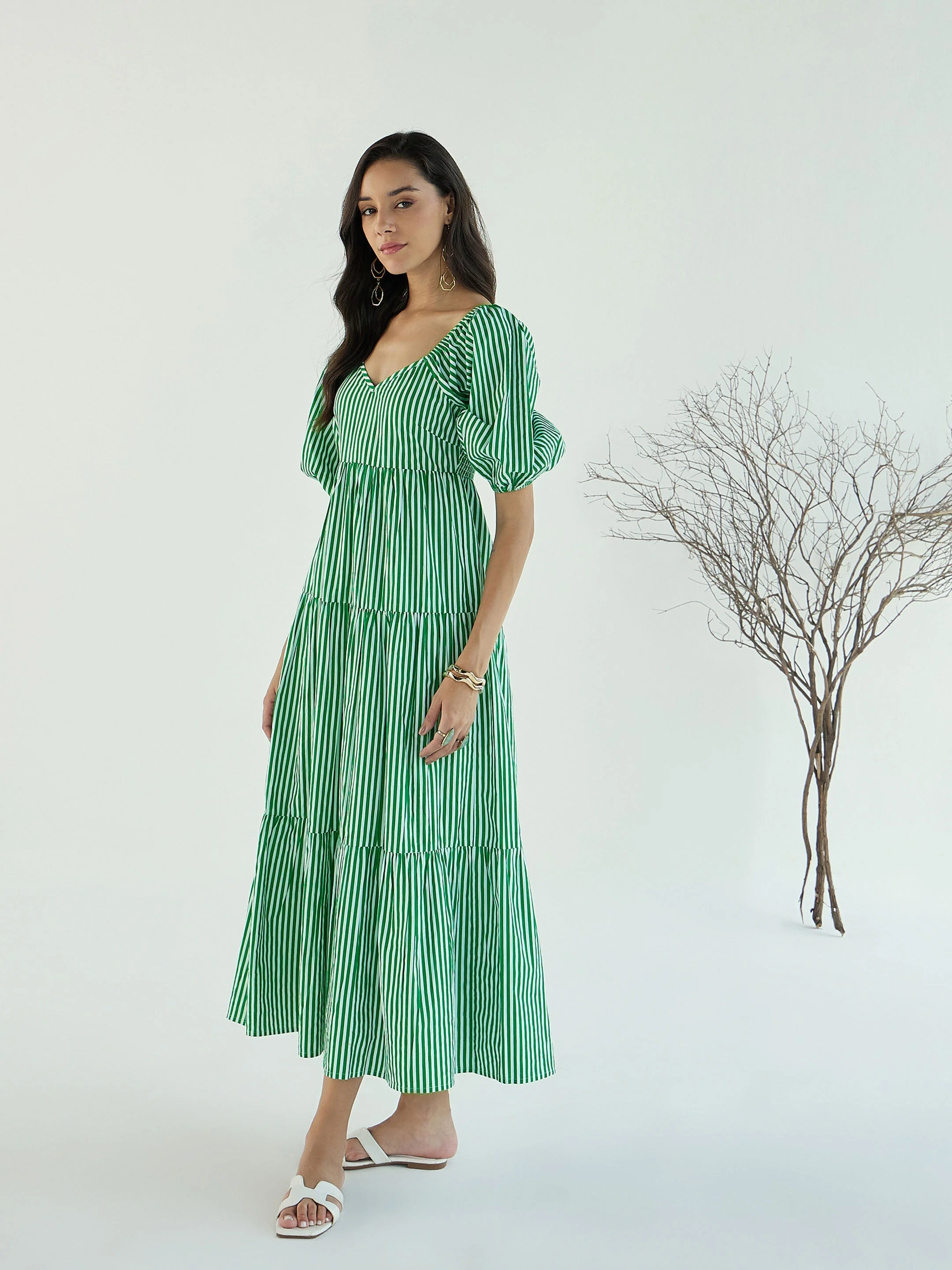 Women Green & White Stripe V-Neck Tiered Dress - Image 5