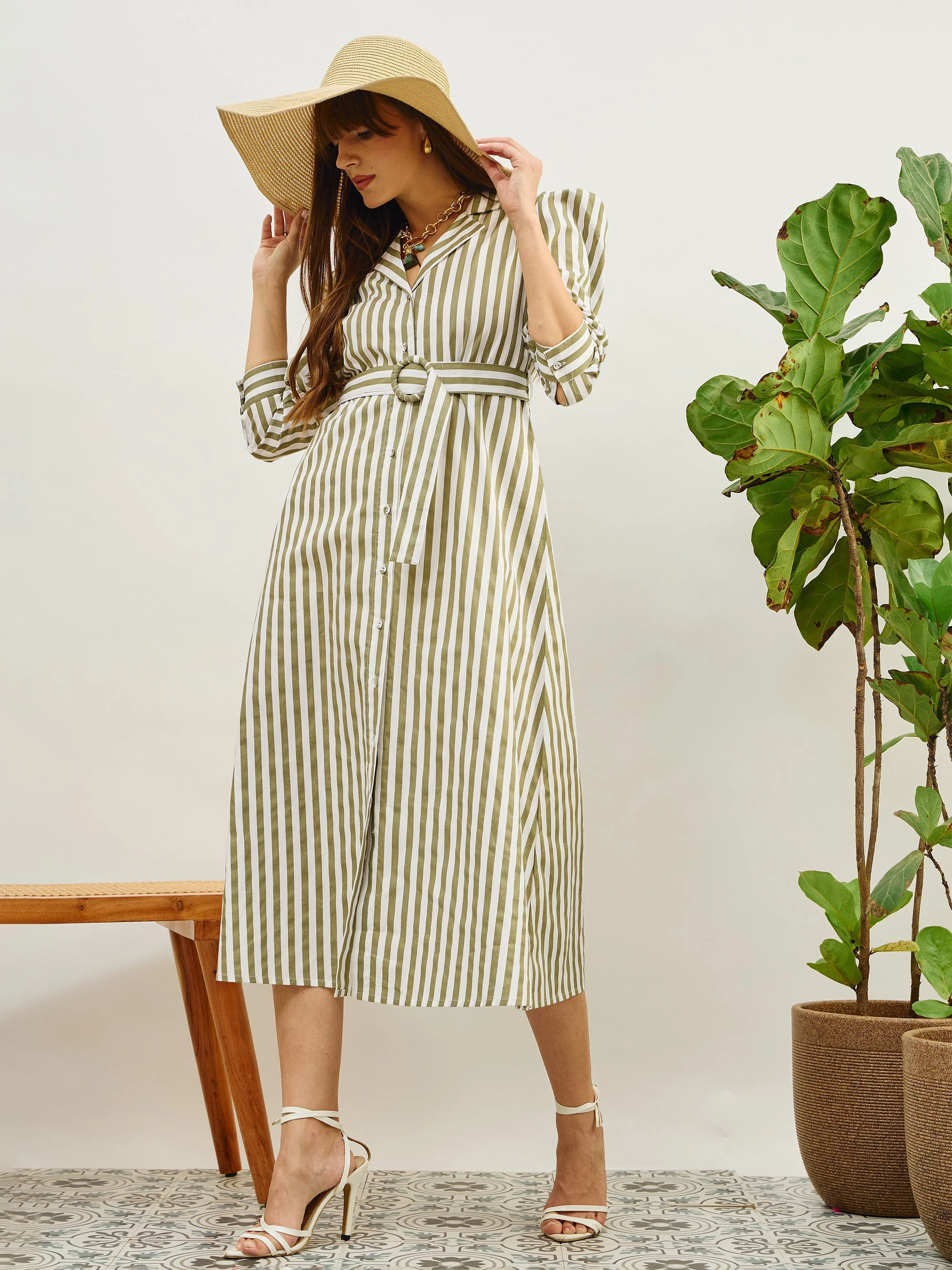 Women Green & White Striped Poplin Belted Shirt Dress - Image 2
