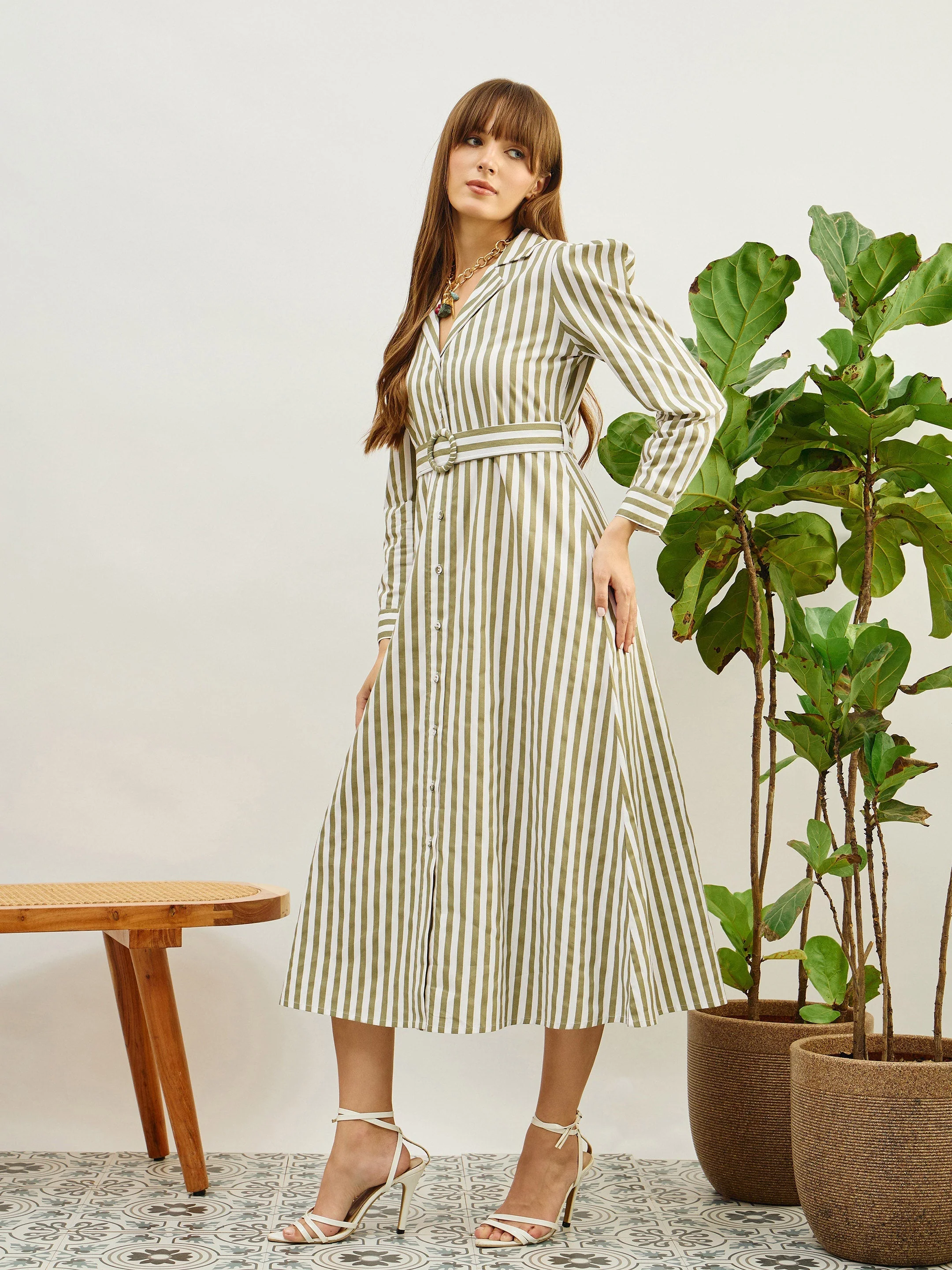 Women Green & White Striped Poplin Belted Shirt Dress - Image 3