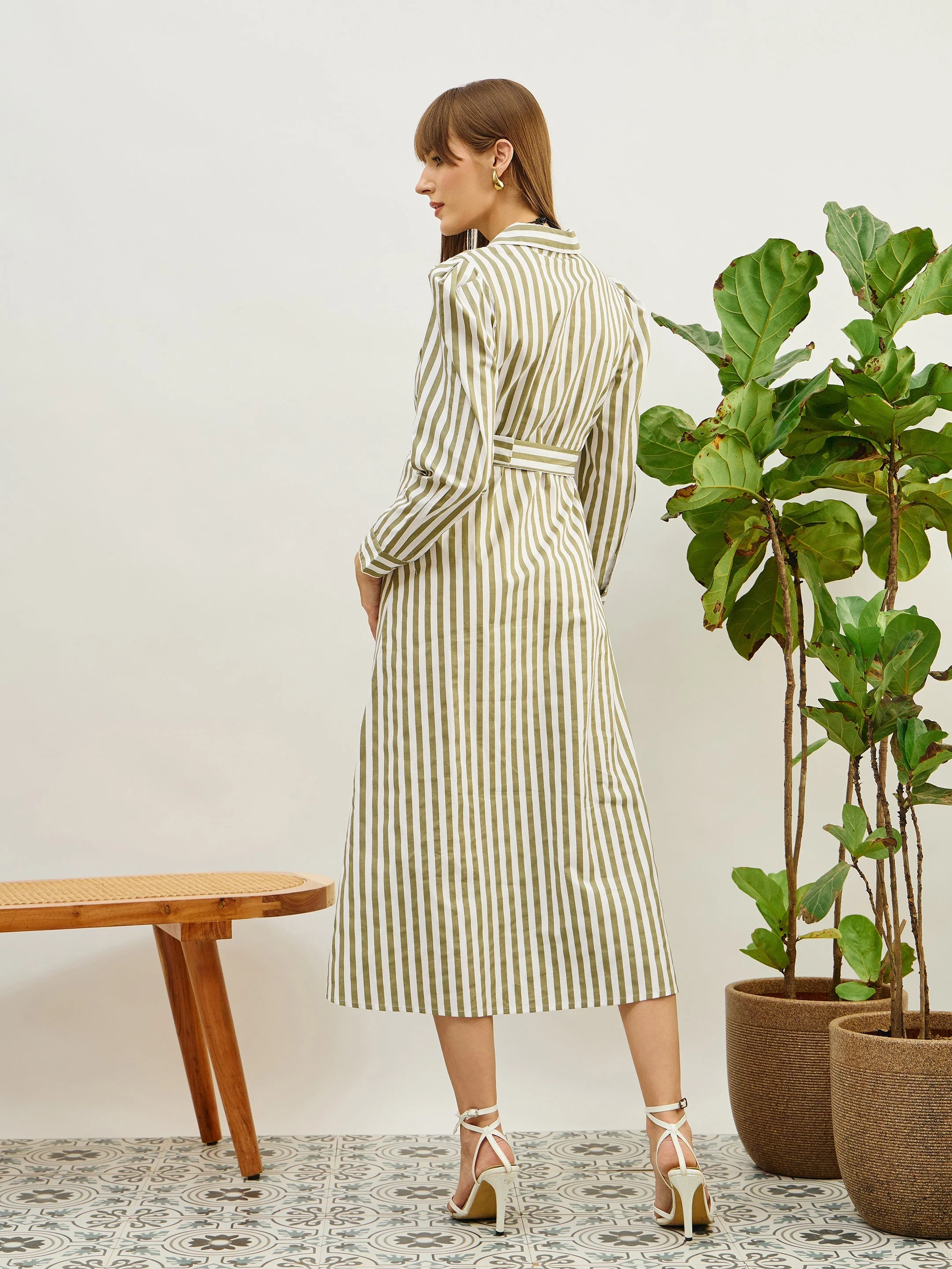 Women Green & White Striped Poplin Belted Shirt Dress - Image 5