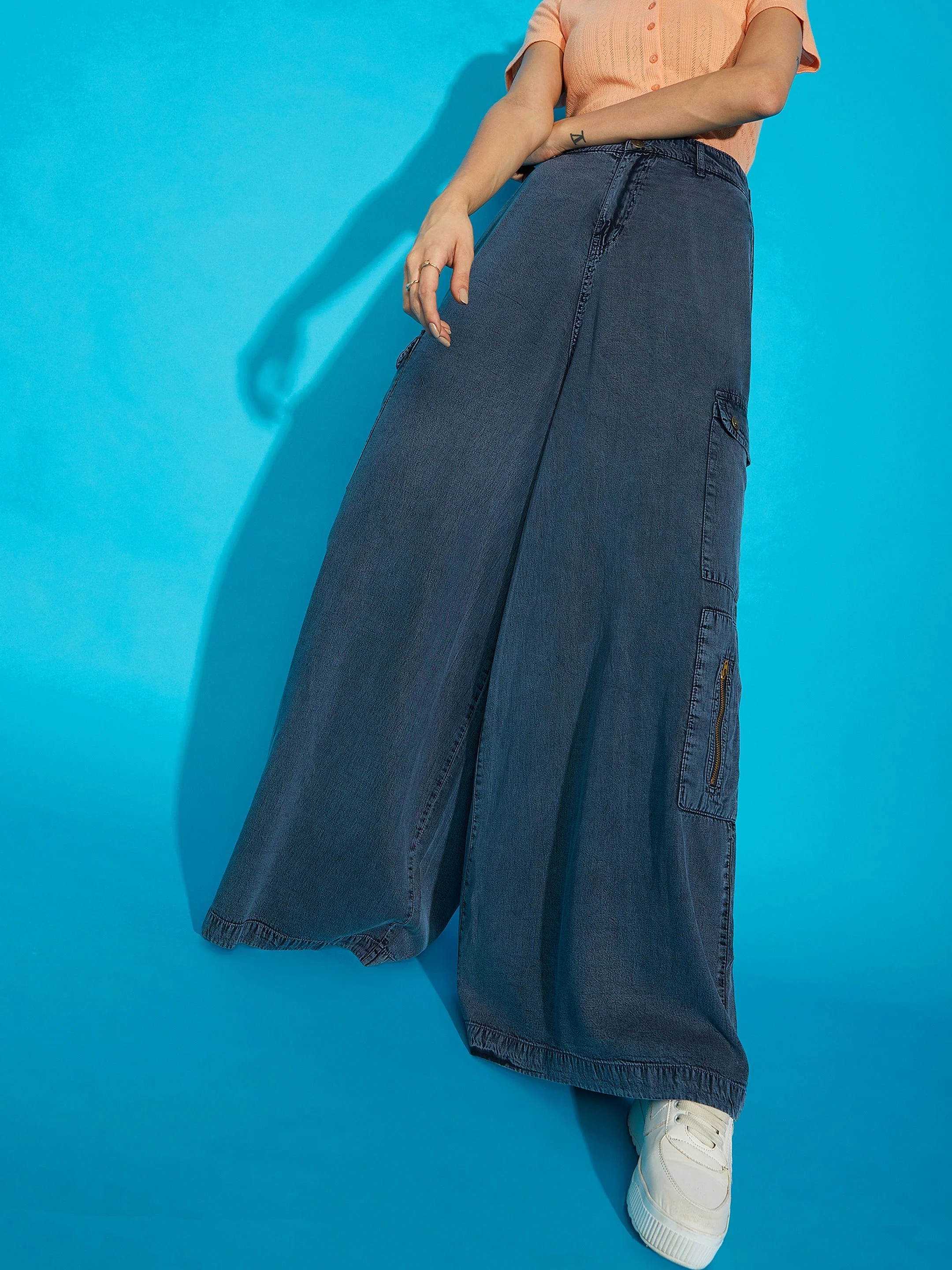 Women Grey Acid Wash Tencel Wide Leg Pants - Image 3