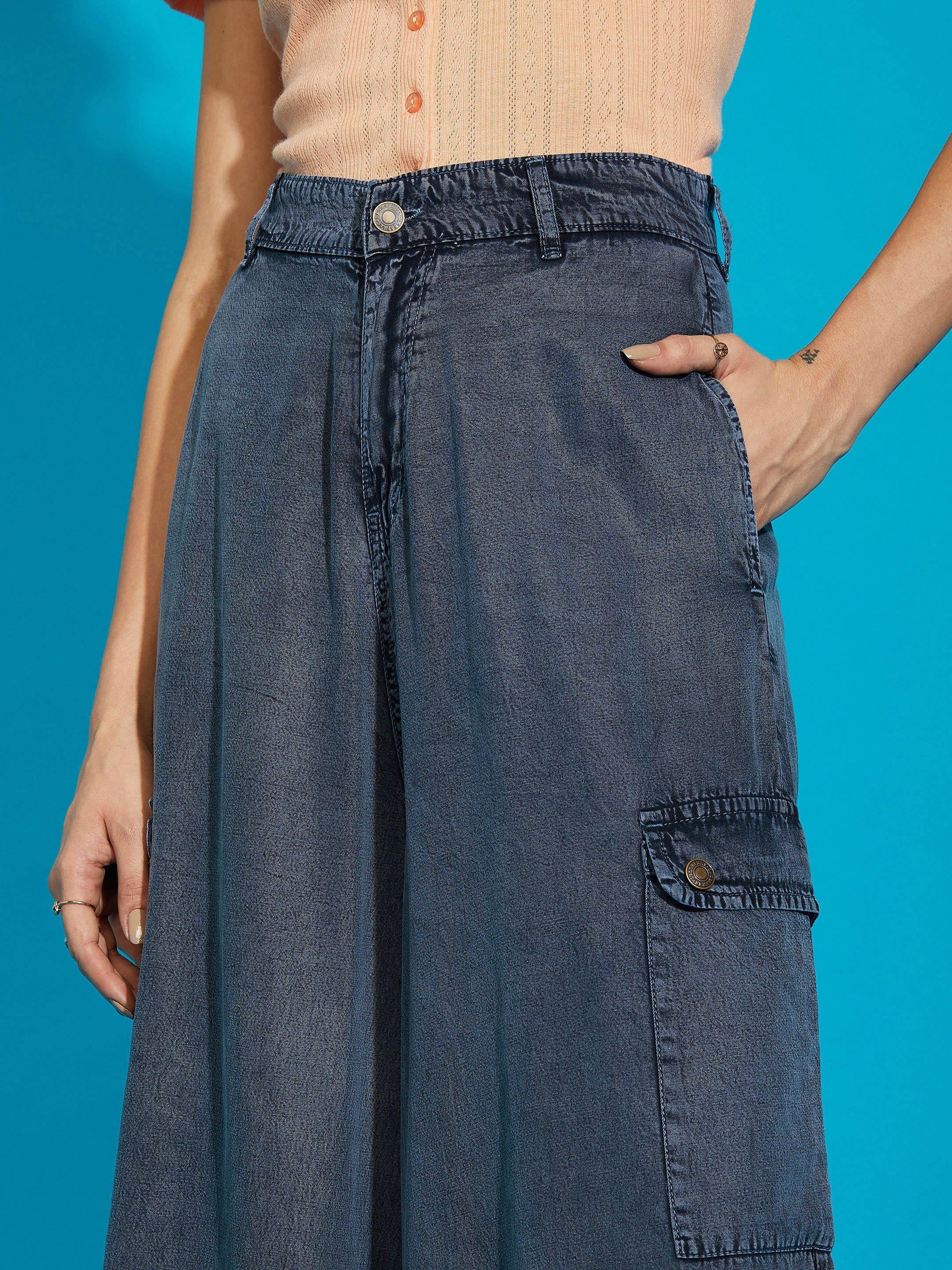 Women Grey Acid Wash Tencel Wide Leg Pants - Image 4