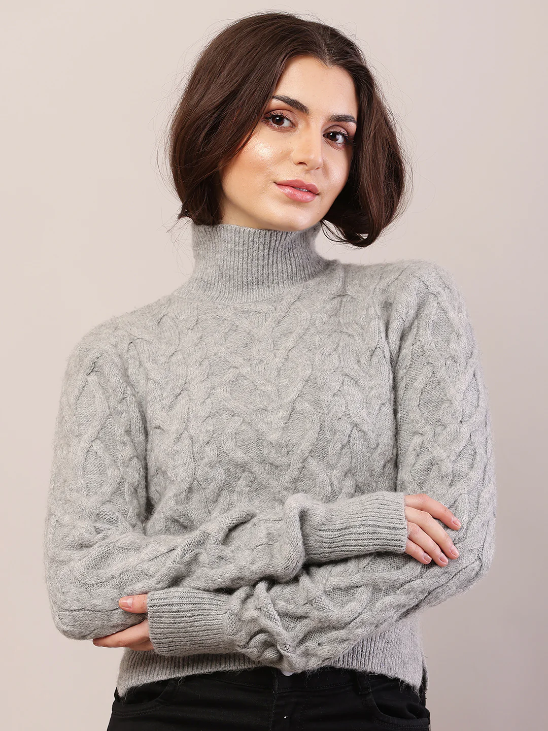 Women grey acrylic full sleeve cable knit sweater - Image 2