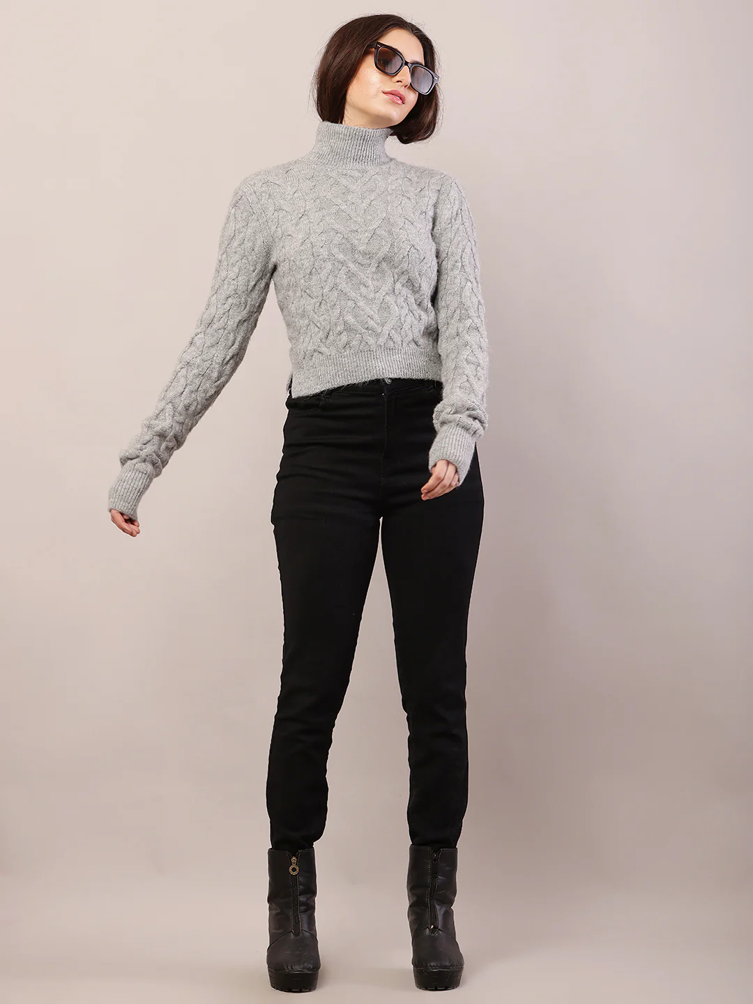 Women grey acrylic full sleeve cable knit sweater - Image 3