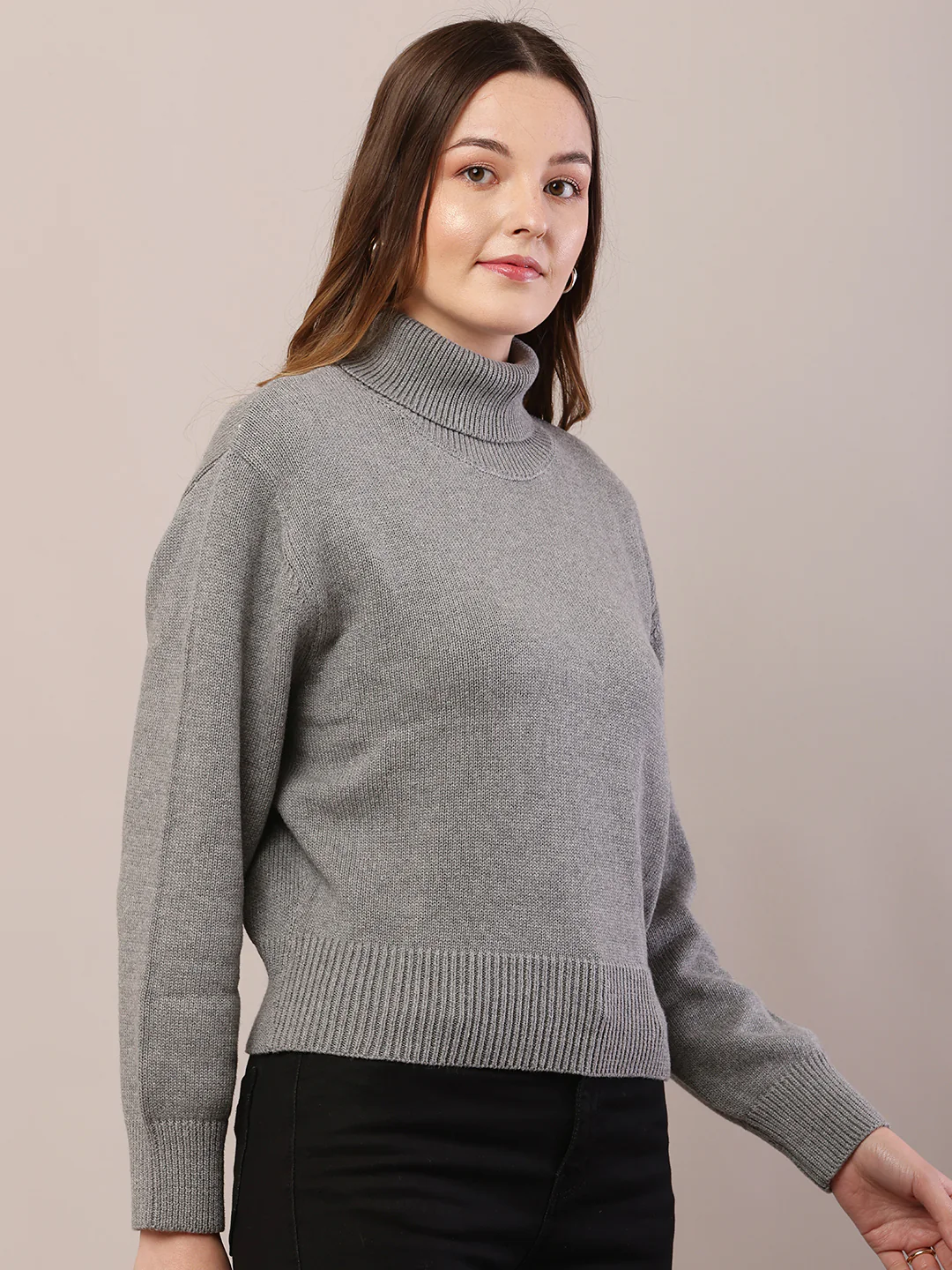 Women grey acrylic full sleeve high-neck sweater - Image 2