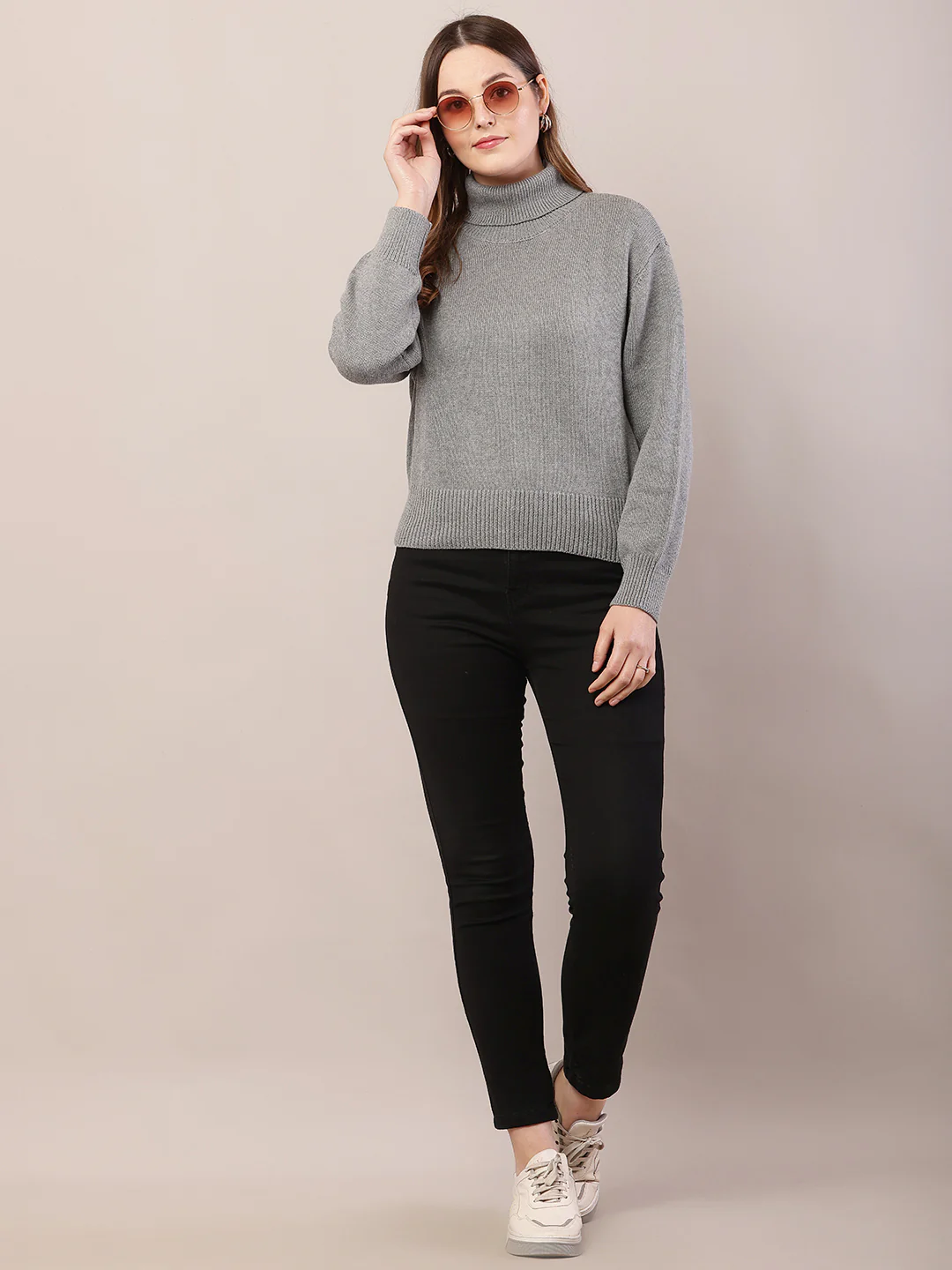 Women grey acrylic full sleeve high-neck sweater - Image 3