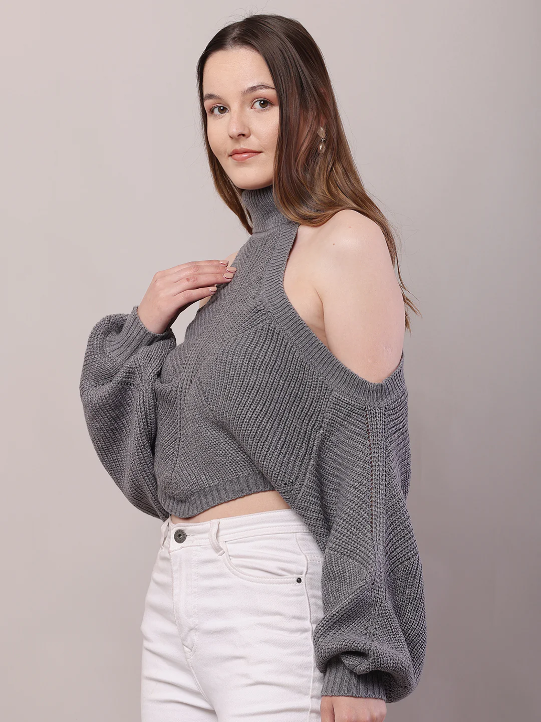 Women Grey Acrylic Mock Neck Cold Shoulder Sweater - Image 2