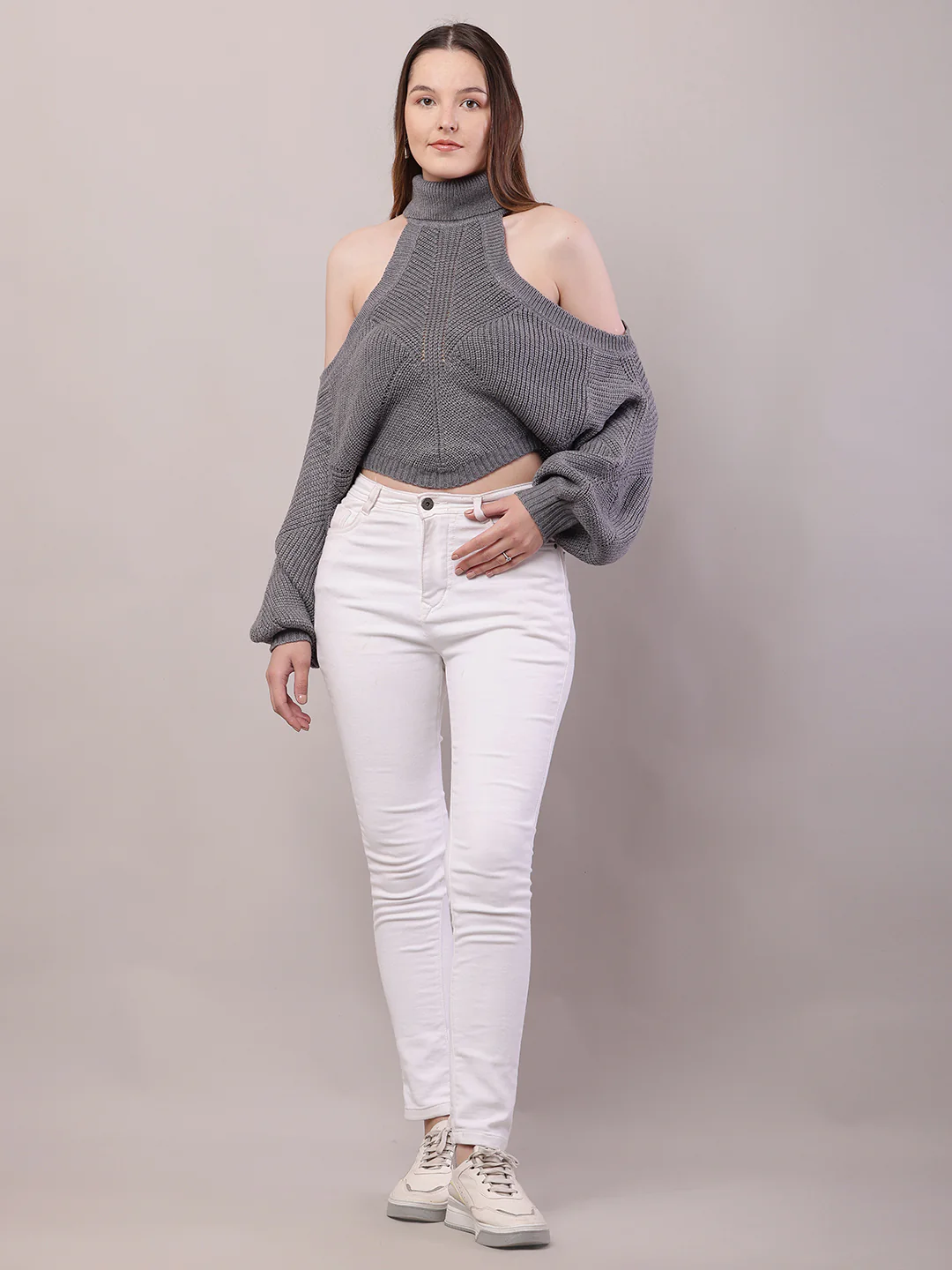 Women Grey Acrylic Mock Neck Cold Shoulder Sweater - Image 3