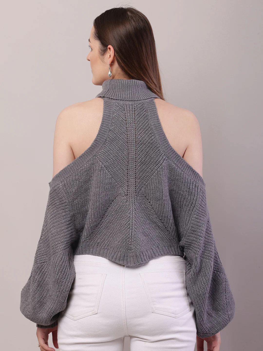 Women Grey Acrylic Mock Neck Cold Shoulder Sweater - Image 4