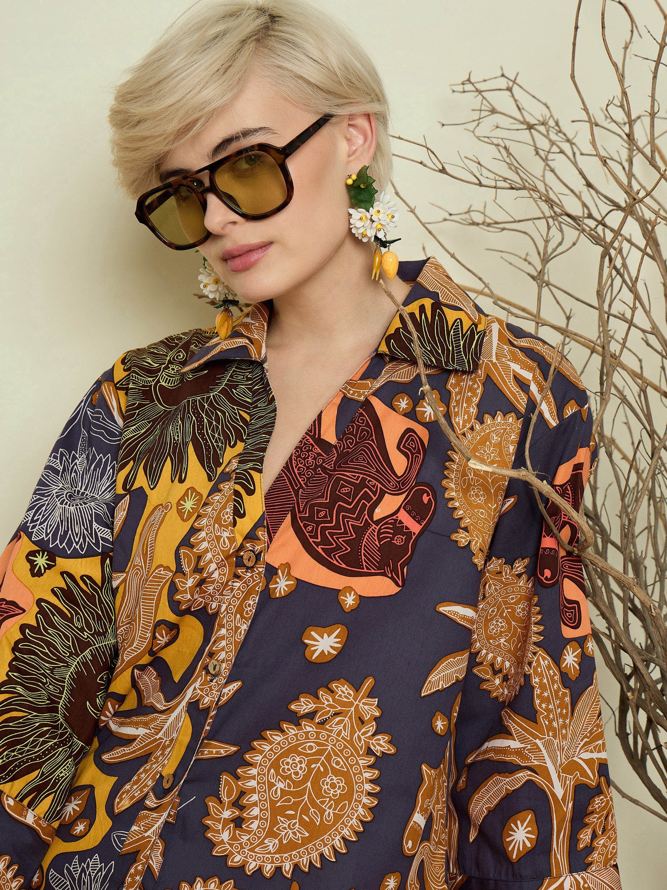 Women Grey Boho Printeded Bell Sleeves Regular Shirt - Image 3