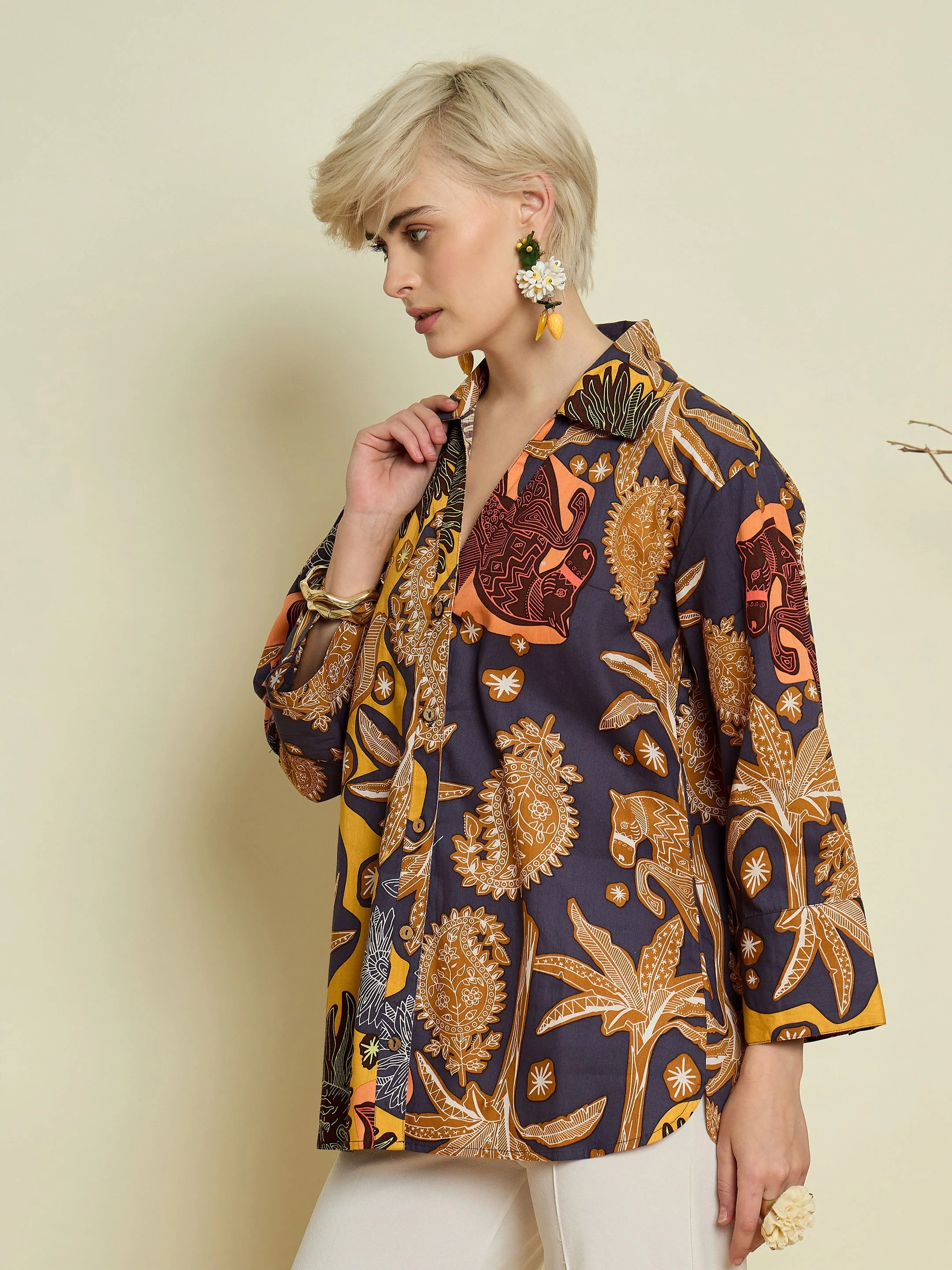Women Grey Boho Printeded Bell Sleeves Regular Shirt - Image 4